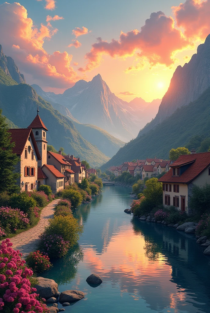 a all village by the river, mountains in the background, floral flowers colorful, detailed landscape, Beautiful natural landscapes, atmospheric lighting, scorching sunset, warm colours, practical, photopractical, Detailed Foliage, complex buildings, cobblestone street, Charming country house, swirly vibrant colors, lush vegetation, Still water reflections, Picturesque, idyllic, work of art, best qualityer, 8k, extremely detaild,anime styling