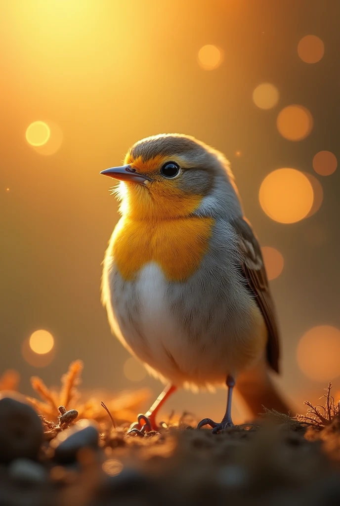 A meerizing close-up portrait of a gorgeous little bird illuminated by the soft, golden light of a tranquil morning, with vibrant bokeh balls gently framing its delicate form.