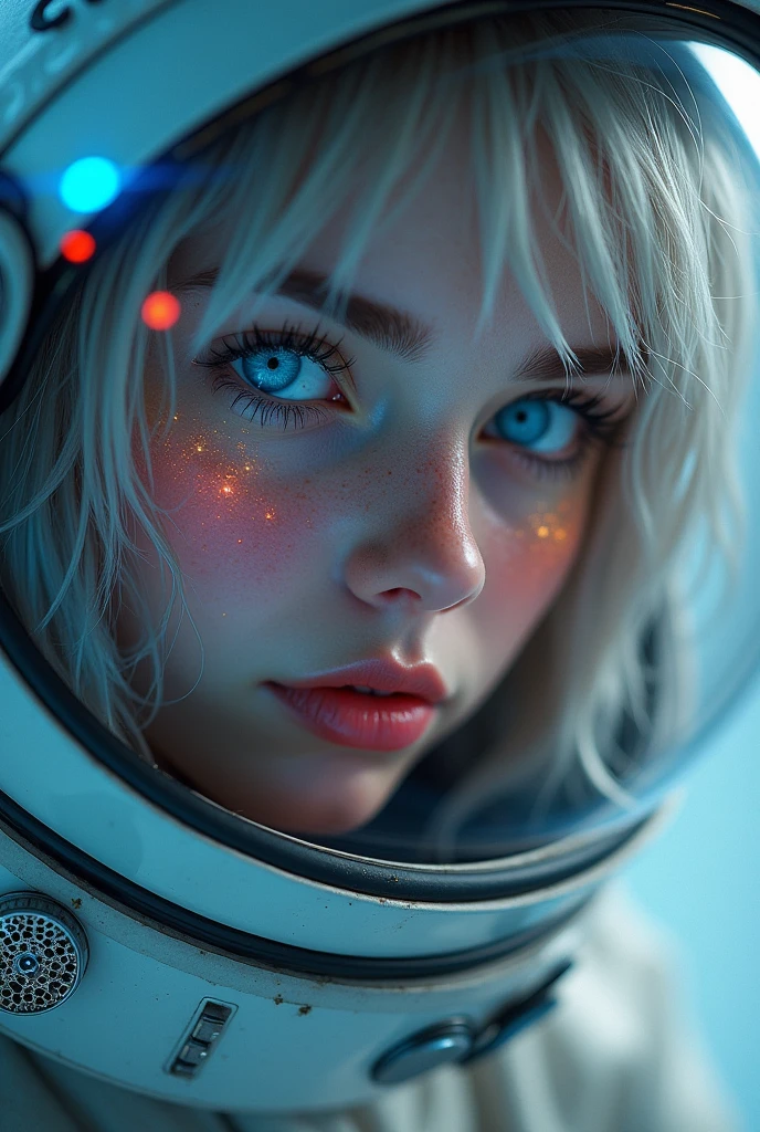 (Close-up of a better masterpiece:1.5)0.9], (Space and astronauts:1.2) (Messy silver hair:1.1) (Heterochromia xanthochromia and blue eyes:1.2) (Space Helmet:1.0) (Colored stars in the eyes:1.0) (A radiant glow:1.1) (thick lips:0.9)