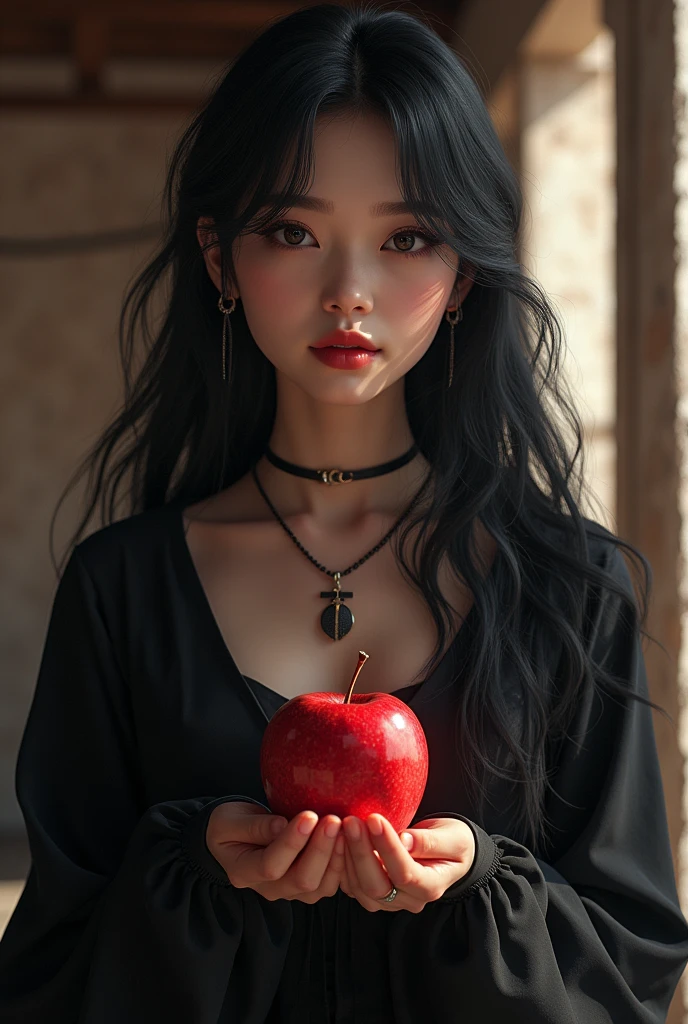 ((RAW photos),hoang lap,(hoang lap分辨率)),tmasterpiece,best qualtiy,( extremely detailed 8k unity CG wallpaper),(Most Best Illustration),(best shadow),Realistic lighting,Beautiful and detailed brilliance ,((21yo)),girl,longblackhair,Black Queen,Accessories,Hold an apple,Poison apples,Witch Queen,red lipsticks,(((Her photography perspective)))