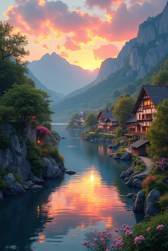 a all village by the river, mountains in the background, floral flowers colorful, detailed landscape, Beautiful natural landscapes, atmospheric lighting, scorching sunset, warm colours, practical, photopractical, Detailed Foliage, complex buildings, cobblestone street, Charming country house, swirly vibrant colors, lush vegetation, Still water reflections, Picturesque, idyllic, work of art, best qualityer, 8k, extremely detaild,anime styling