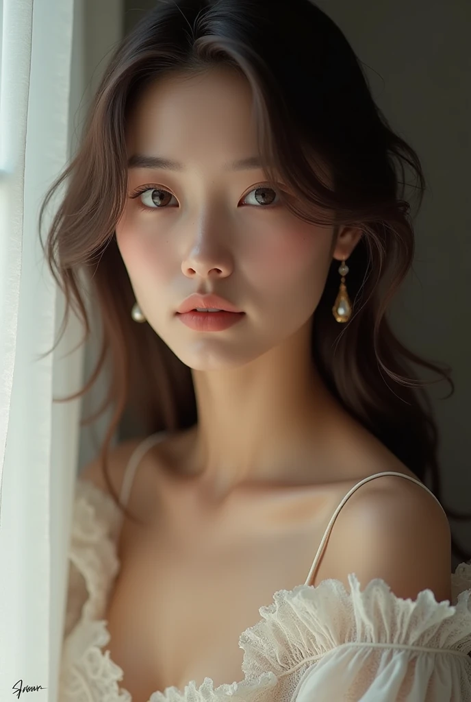 a sexy girl, 1girl, beautiful detailed eyes, beautiful detailed lips, extremely detailed eyes and face, long eyelashes, beautiful intricate hairstyle, porcelain skin, elegant facial features, detailed jewelry, elegant dress, flowing gown, romantic pose, ethereal lighting, warm soft colors, dreamlike atmosphere, cinematic composition, digital painting, masterpiece, photo-realistic, 8k, highly detailed