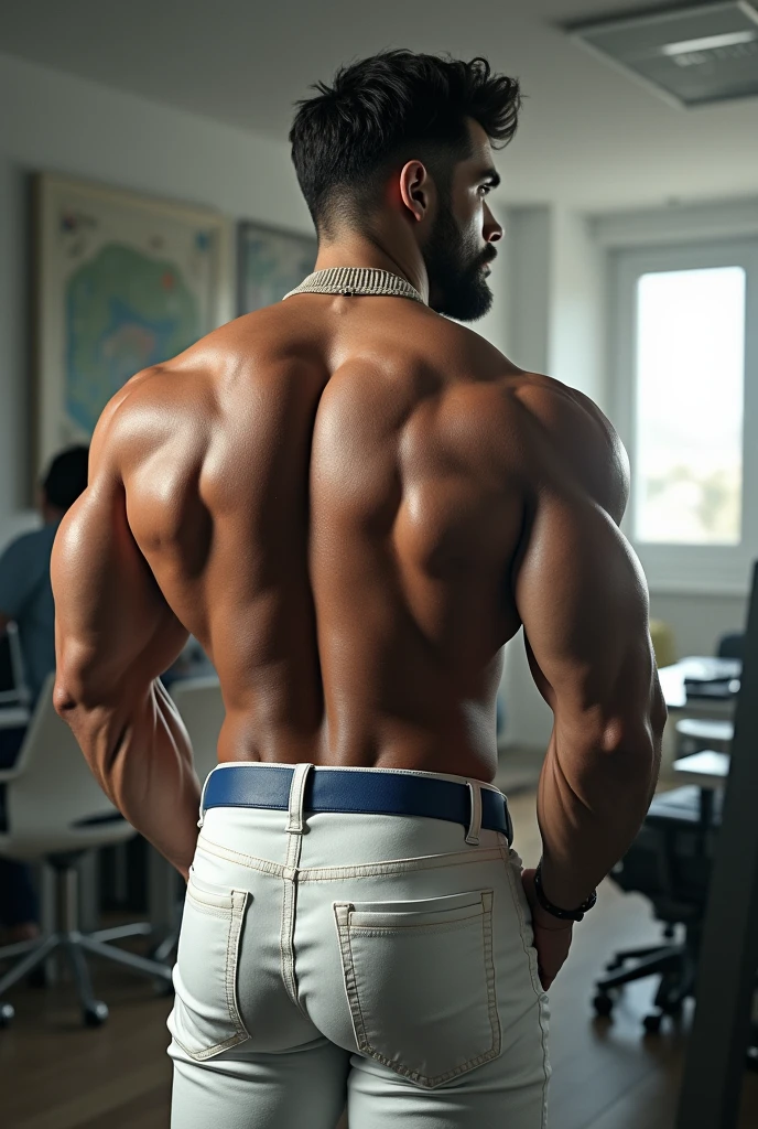 Full body photograph from the back, man heavyweight bodybuilder cinematic light shorts 70kg full muscle, Bigote grueso y trozo chino barbudo, hombre muy guapo., parte superior del cuerpo sin camisa，perfect body ratio, , huge and bulging erotic pectoral, hipermusculoso nalgon, realista,  white jeans,  one leg open