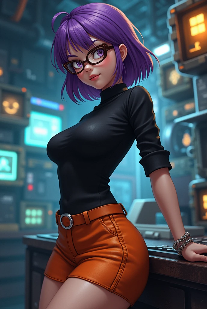 wide shot, ((best quality)), ((highly detailed)), masterpiece, (detailed eyes, deep eyes), (1girl), dynamic angle, cowboy shot, mlptwilightsparkle, woman, smile, looking at viewer, ((straight purple hair with a pink stripe)), ((purple eyes)), Standing next to a computer panel, , large breasts, realistic proportions, curvy body, lipstick, curvy hips, busty, subtly visible breasts, (((star trek warp core background))), dim lighting, facing computer screen, (((black uniform, grey shoulders))),(((unzipping uniform))), thick rimmed glasses, high ponytail,  (((visible lace bra))), opening jacket, holding a tablet,
