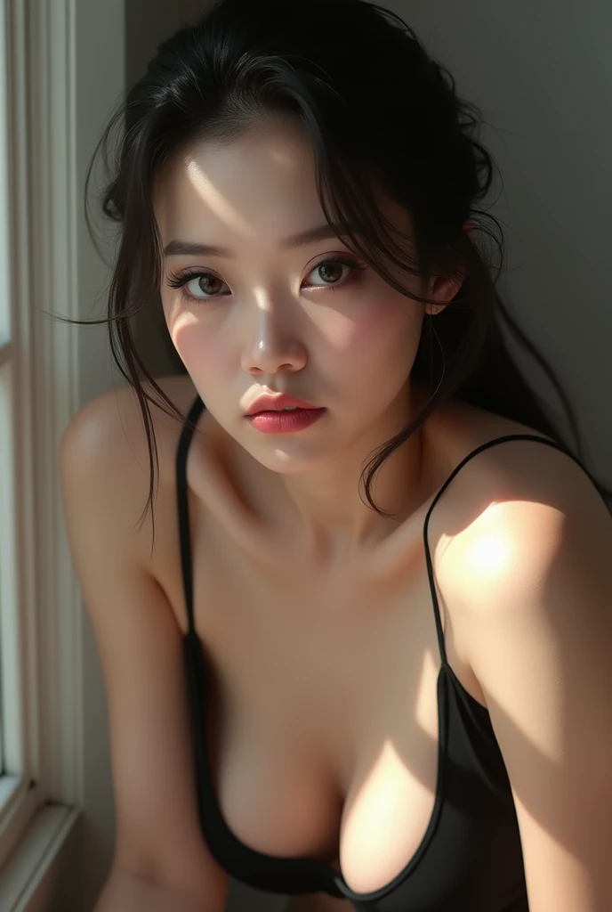 Korean girl, 20 years old, cute, hot pose, black hair, straight hair, 1girl,naked ,plumpy ,looking at viewer