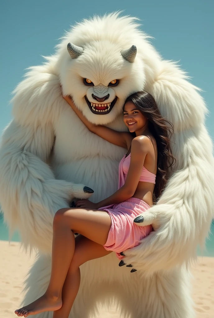 Large massive giant wampa monster carries topless horny aroused beautiful thong teen girl in his arms embrace sitting on his lap cuddling