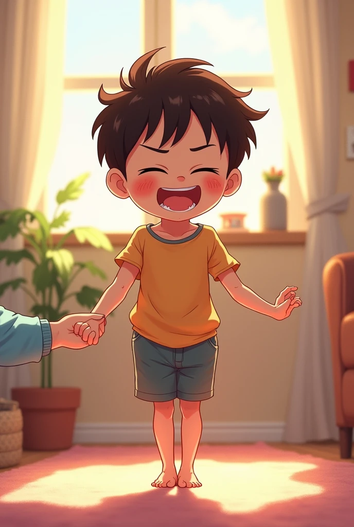 male child、ticklish、Laughing、Squirming the body、The body is being grabbed、smile on face、Elementary school boy