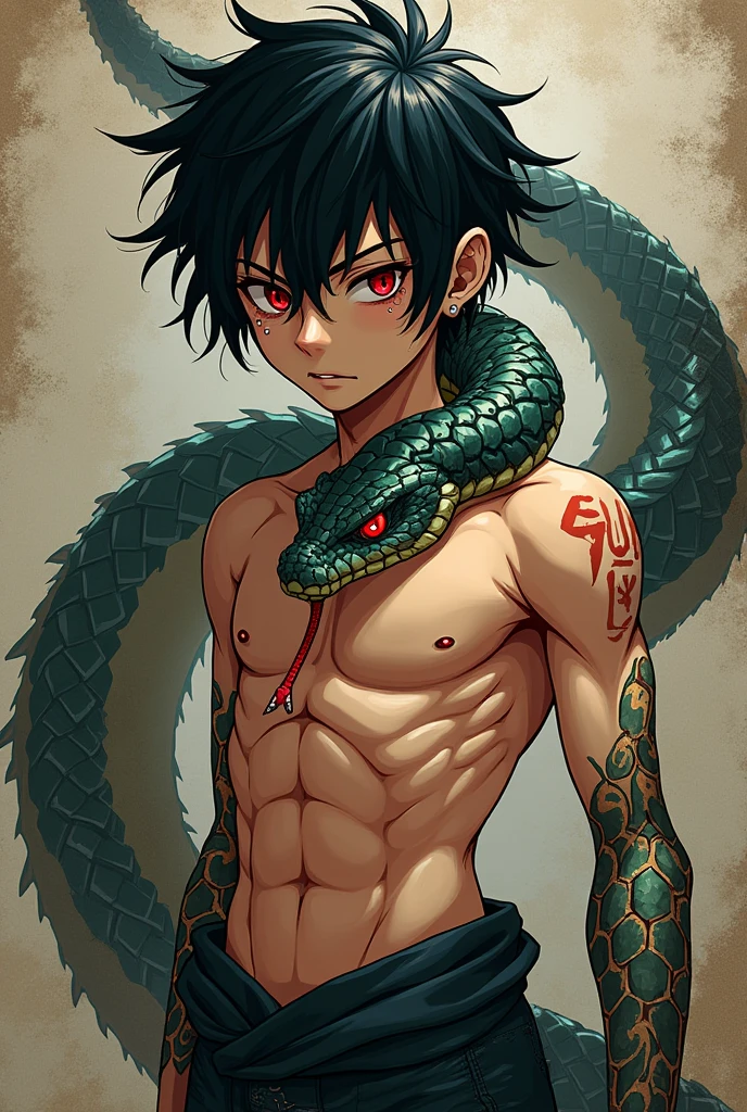 Anime boy with six pack with dragon tattoo 8n the left fourhead
