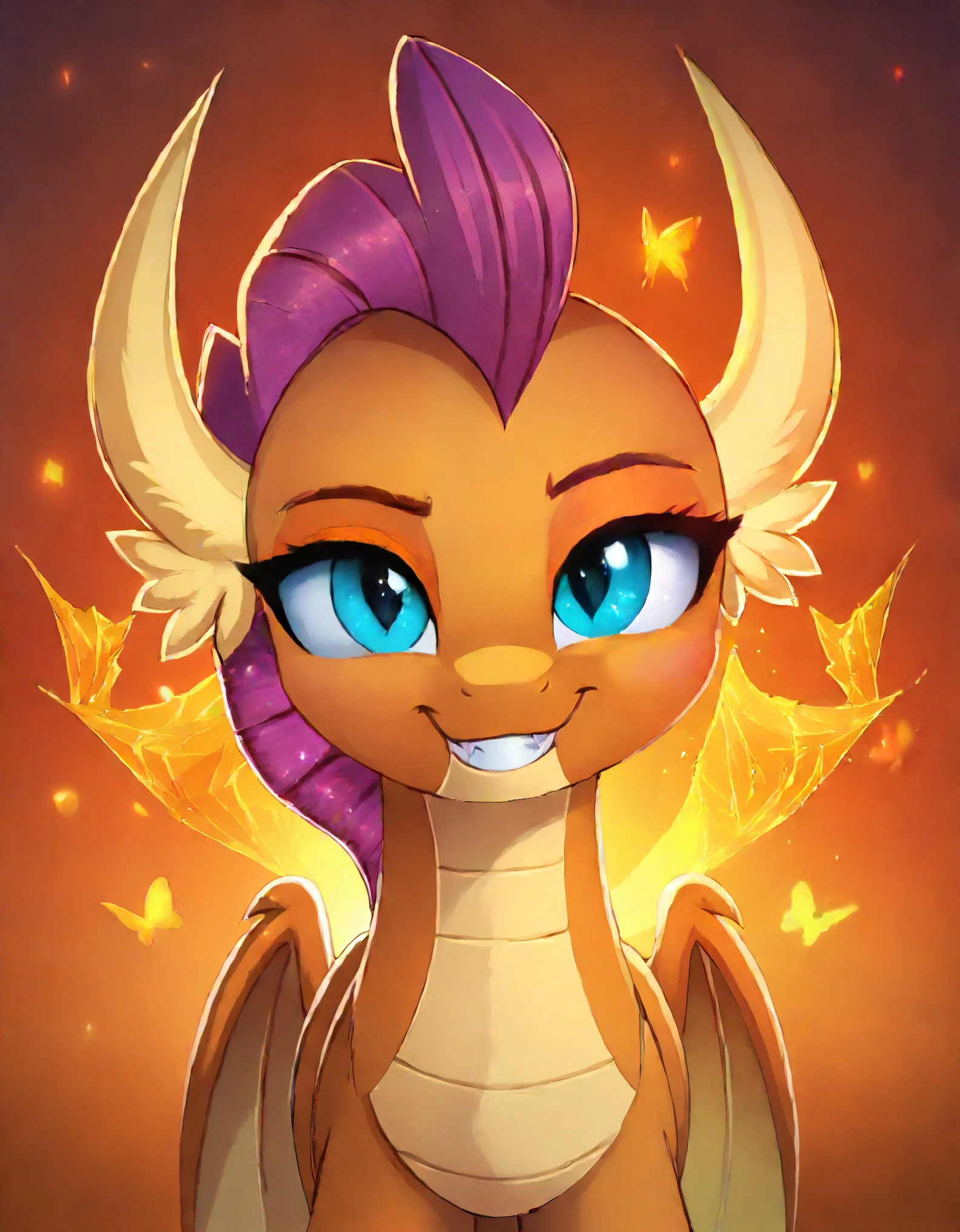 magnaluna, score_9, score_8_up, score_7_up, my little pony, feral pony, smolder, 1girl, solo, sexy, beautiful, detailed, detailed cute dragon face, detailed  turquoise slitted eyes, detailed brownish orange skin, beautiful, vector, beautiful short magenta hair, orange fiery background, smirking, detailed orange butterflies, front view