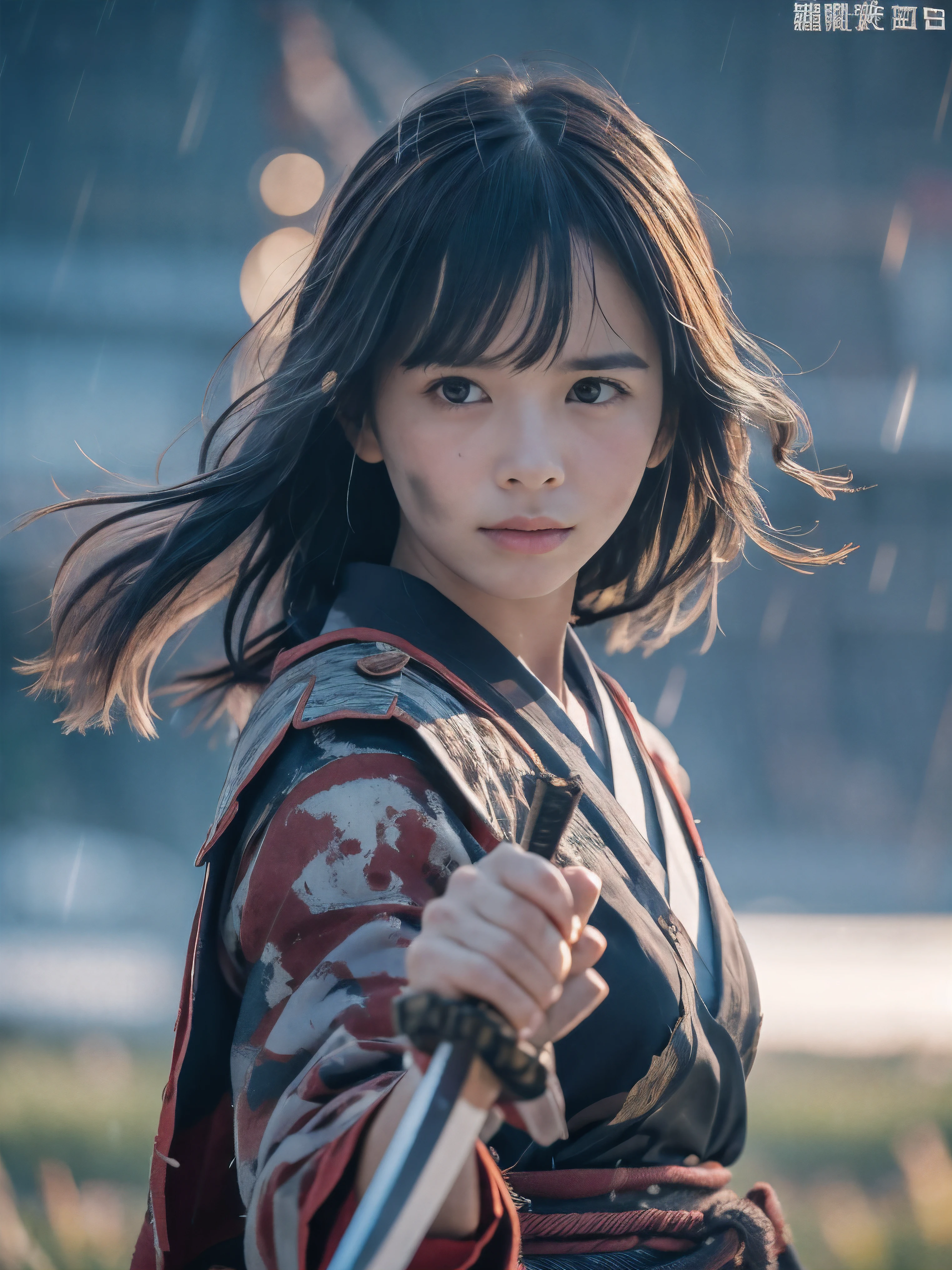 (Close up portrait of one slender small breasts two side up black medium hair with bangs girl in a black colored dirty bloody armor warrior as samurai in Japan at raining:1.5)、(One girl makes fighting pose and hold Japanese traditional white blade sword on hand under the raining sky on the grassland in old Japan with crying dirty bloody face:1.5)、(Heavy raining dark sky:1.5)、(blurred background:1.5)、(Natural light:1.5)、(8k ultra detailed master piece:1.5)、(perfect anatomy:1.5)、(Photorealistic stick:1.5)、(Raw photo:1.3)、(highest quality:1.5)、(High resolution:1.3)、(Delicate and beautiful perfect face:1.3)、(Delicate and beautiful eye air skin:1.3)、(Real Human Skin:1.3)、((thin legs))