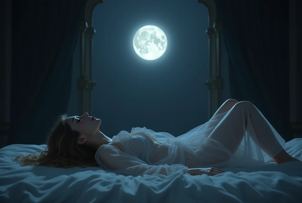 milf in very short mini string latex lace-trimmed intricate details dessous sleeping in her bed ,in the background is an open window.the fullmoon is there with stars and nebulas,on a picture are the letters" Home sweet Home"
