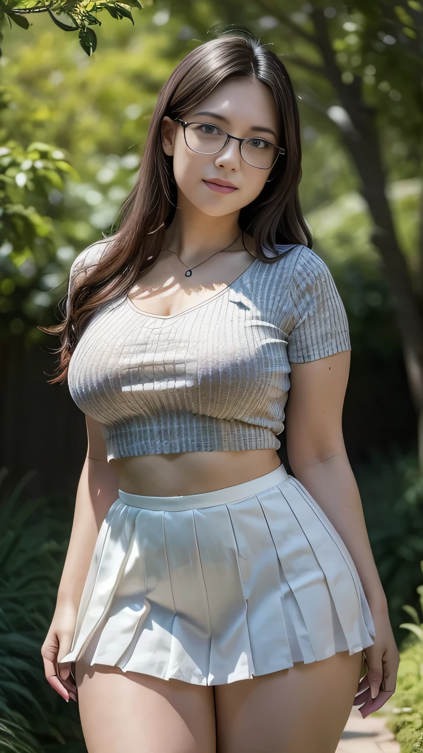 (photorealistic:1.4), (masterpiece, 8k raw photo, best quality:1.4), a woman, 25 years old, beautiful face, glasses, pudgy cheeks, (curvy thighs:1.4), white pale skin, long wavy cascading hair, black hair, short sleeve lace blouses v-neck, pleated mini skirt, diamond necklace, seductive smile, standing, closed mouth, lens flare, meadow, garden, cool tone, depth of field