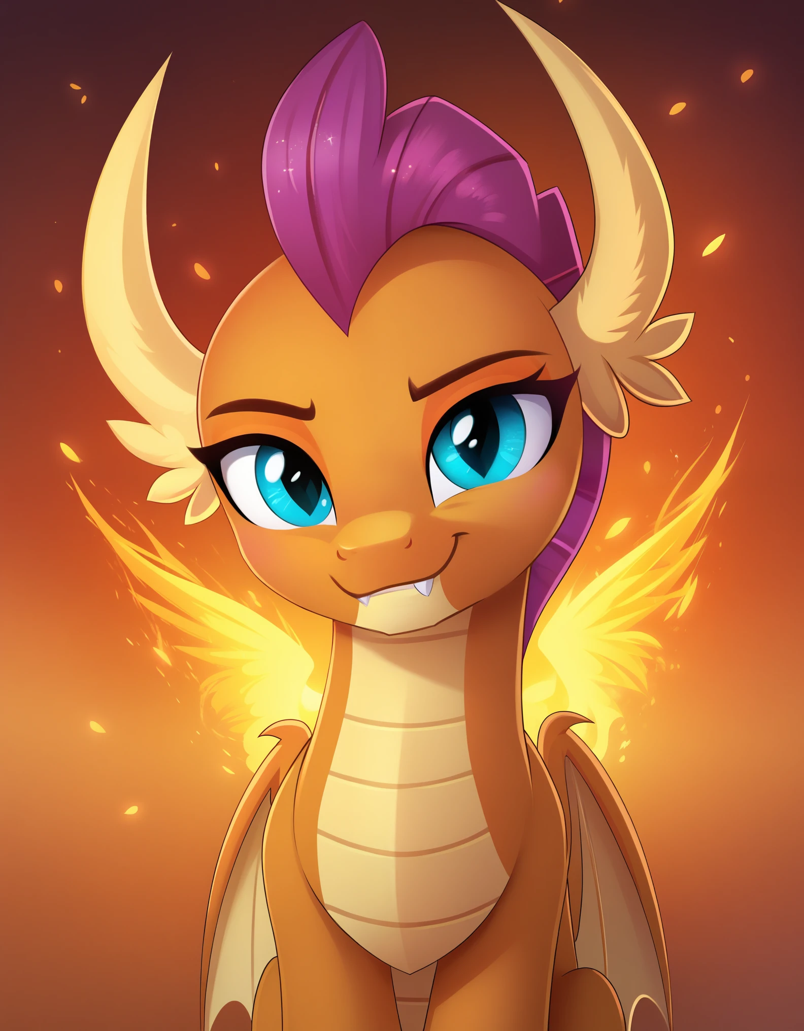 magnaluna, score_9, score_8_up, score_7_up, my little pony, feral pony, smolder, 1girl, solo, sexy, beautiful, detailed, detailed cute dragon face, detailed  turquoise slitted eyes, detailed brownish orange skin, beautiful, vector, beautiful short magenta hair, orange fiery background, smirking, detailed orange butterflies, front view