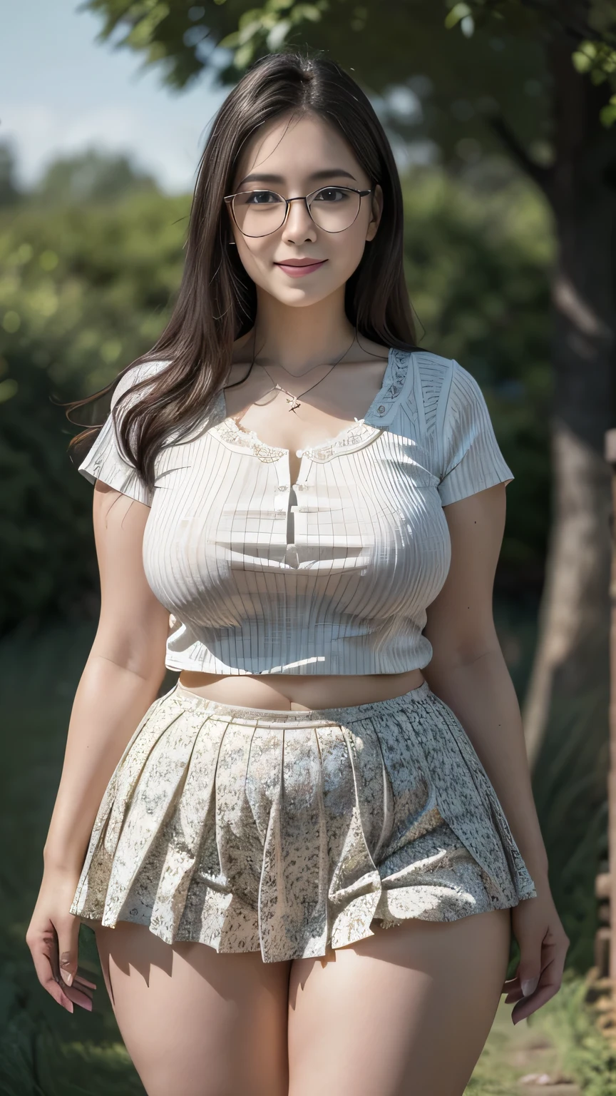 (photorealistic:1.4), (masterpiece, 8k raw photo, best quality:1.4), a woman, 25 years old, beautiful face, glasses, pudgy cheeks, (curvy thighs:1.4), white pale skin, long wavy cascading hair, black hair, short sleeve lace blouses v-neck, pleated mini skirt, diamond necklace, seductive smile, standing, closed mouth, lens flare, meadow, garden, cool tone, depth of field