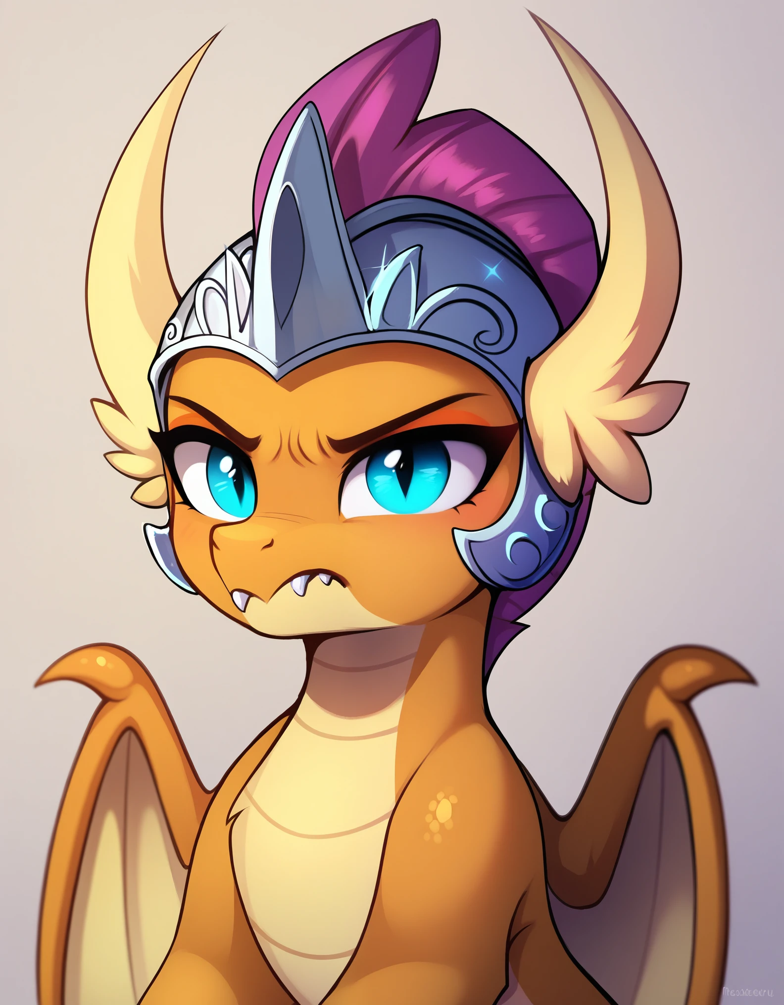 score_9, score_8_up, score_7_up, Expressiveh, magnaluna, source_furry, solo, 1girl, Kobold, furry dragon, tail, short stature, dark yellow skin color, breasts, wearing helmet, digital art, portrait, close-up head, angry face, blue glowing eyes, look at the camera, my little pony, feral pony smolder,  smolder, 