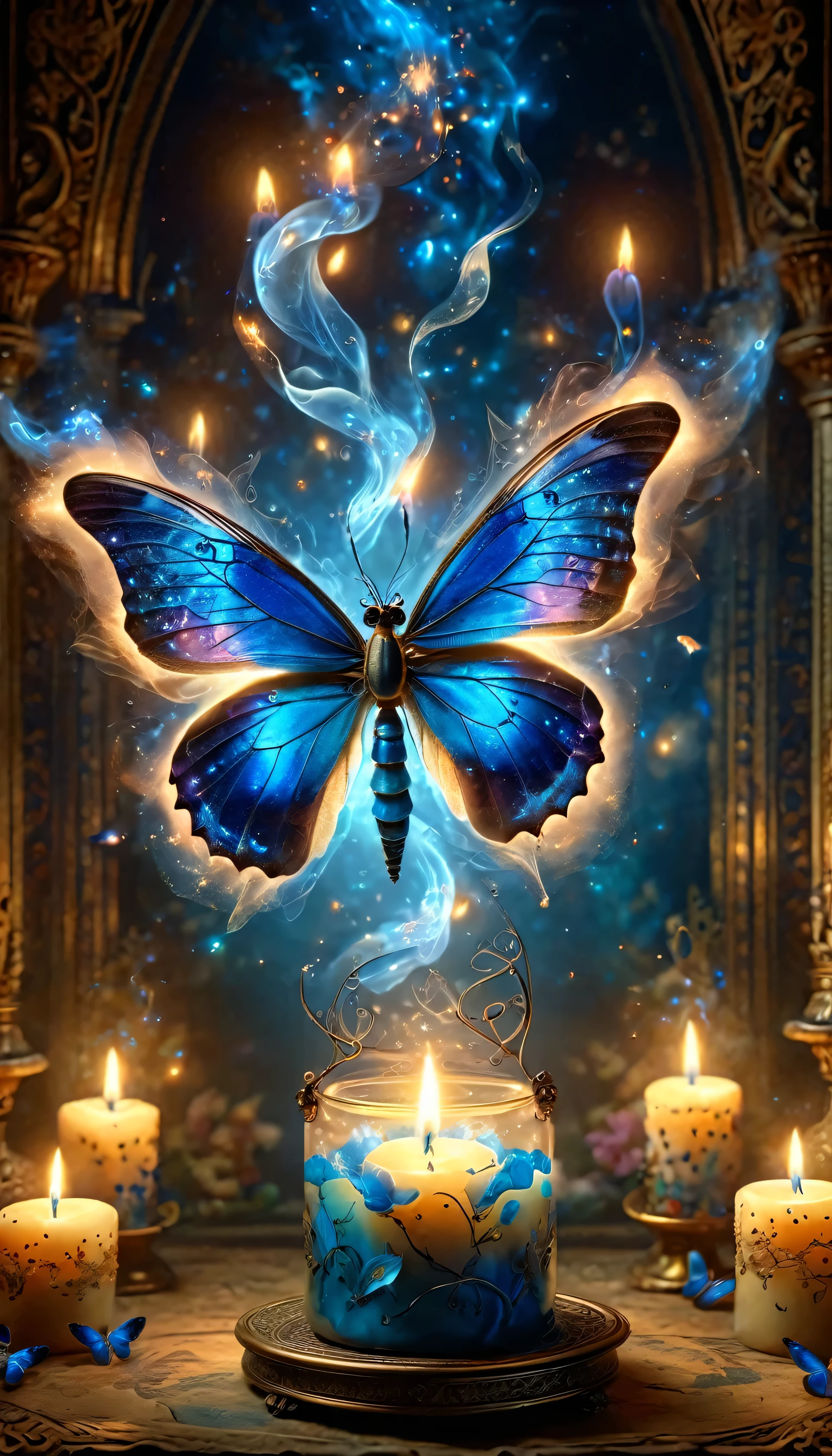 Made by AIS-RCN, 8K Photo, "words,  like a butterfly with blue flame wings ,  pops out in front of an antique candle,  turn thoughts into delicate works of art.", Supple,  Side Light, A dragonfly has two wings , One on each side、Awesome colorful backgrounds