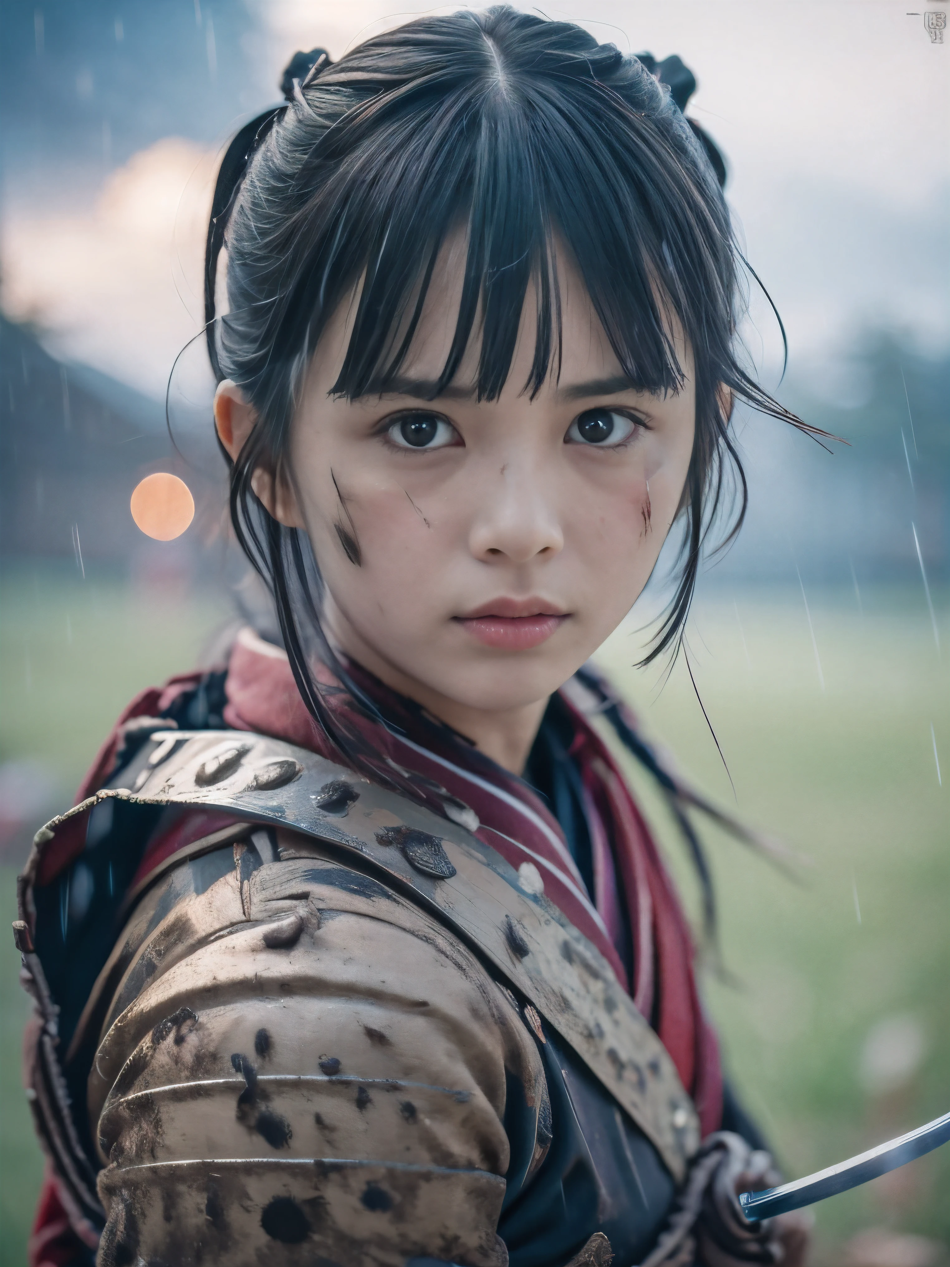 (Close up portrait of one slender small breasts two side up black medium hair with bangs girl in a black colored dirty bloody armor warrior as samurai in Japan at raining:1.5)、(One girl makes fighting pose and hold Japanese traditional white blade sword on hand under the raining sky on the grassland in old Japan with crying dirty bloody face:1.5)、(Heavy raining dark sky:1.5)、(blurred background:1.5)、(Natural light:1.5)、(8k ultra detailed master piece:1.5)、(perfect anatomy:1.5)、(Photorealistic stick:1.5)、(Raw photo:1.3)、(highest quality:1.5)、(High resolution:1.3)、(Delicate and beautiful perfect face:1.3)、(Delicate and beautiful eye air skin:1.3)、(Real Human Skin:1.3)、((thin legs))