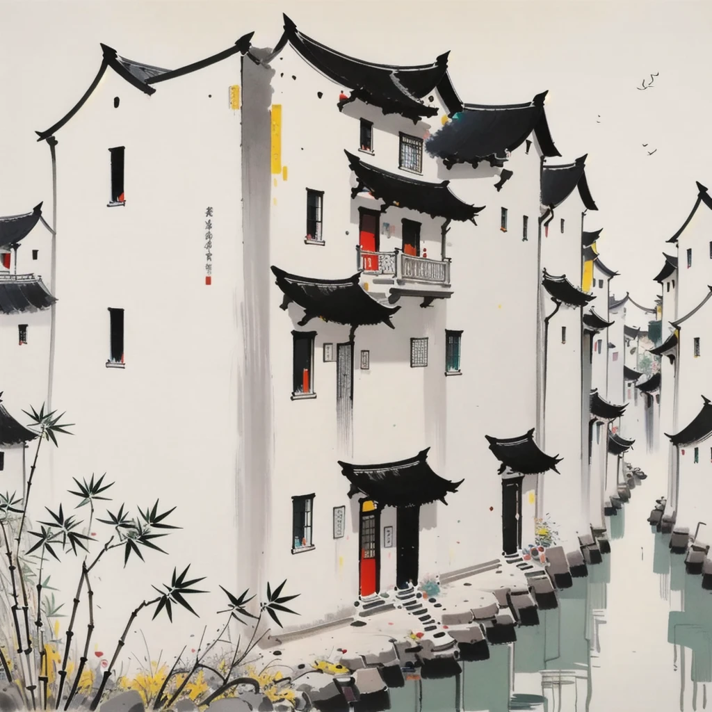 masterpiece,Best Quality,Wu Guanzhong ,bamboo, riverside house , sacred ratio