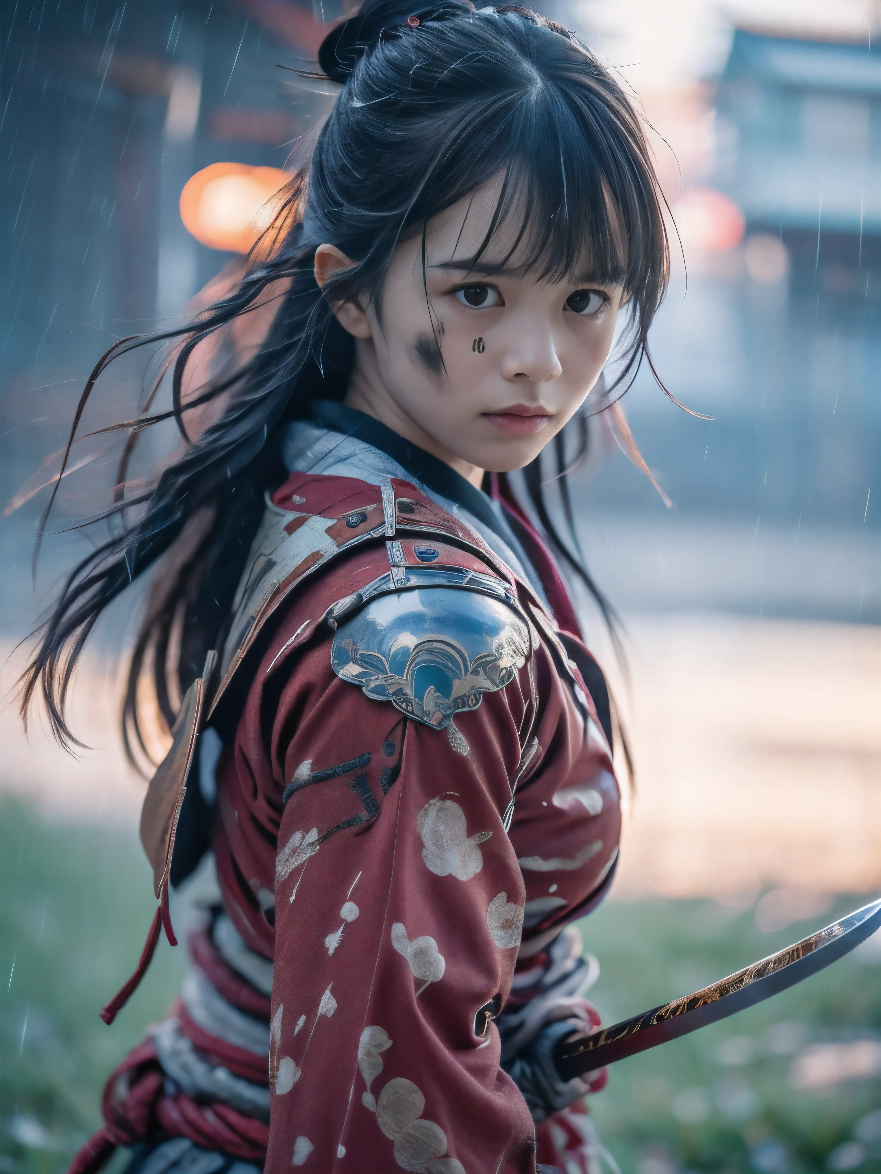 (Close up portrait of one slender small breasts two side up black medium hair with bangs girl in a black colored dirty bloody armor warrior as samurai in Japan at raining:1.5)、(One girl makes fighting pose and hold Japanese traditional white blade sword on hand under the raining sky on the grassland in old Japan with crying dirty bloody face:1.5)、(Heavy raining dark sky:1.5)、(blurred background:1.5)、(Natural light:1.5)、(8k ultra detailed master piece:1.5)、(perfect anatomy:1.5)、(Photorealistic stick:1.5)、(Raw photo:1.3)、(highest quality:1.5)、(High resolution:1.3)、(Delicate and beautiful perfect face:1.3)、(Delicate and beautiful eye air skin:1.3)、(Real Human Skin:1.3)、((thin legs))