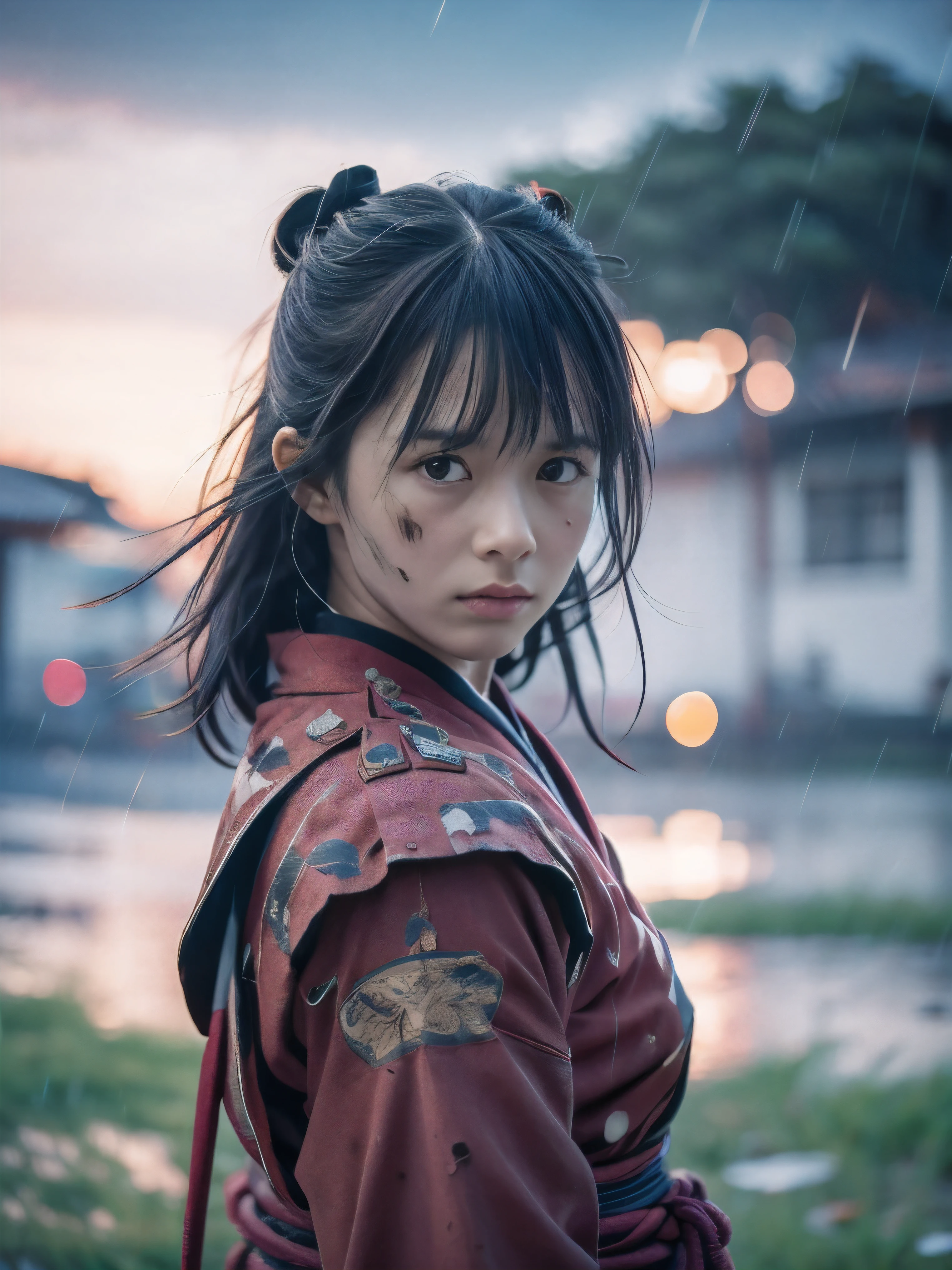 (Close up portrait of one slender small breasts two side up black medium hair with bangs girl in a black colored dirty bloody armor warrior as samurai in Japan at raining:1.5)、(One girl makes fighting pose and hold Japanese traditional white blade sword on hand under the raining sky on the grassland in old Japan with crying dirty bloody face:1.5)、(Heavy raining dark sky:1.5)、(blurred background:1.5)、(Natural light:1.5)、(8k ultra detailed master piece:1.5)、(perfect anatomy:1.5)、(Photorealistic stick:1.5)、(Raw photo:1.3)、(highest quality:1.5)、(High resolution:1.3)、(Delicate and beautiful perfect face:1.3)、(Delicate and beautiful eye air skin:1.3)、(Real Human Skin:1.3)、((thin legs))