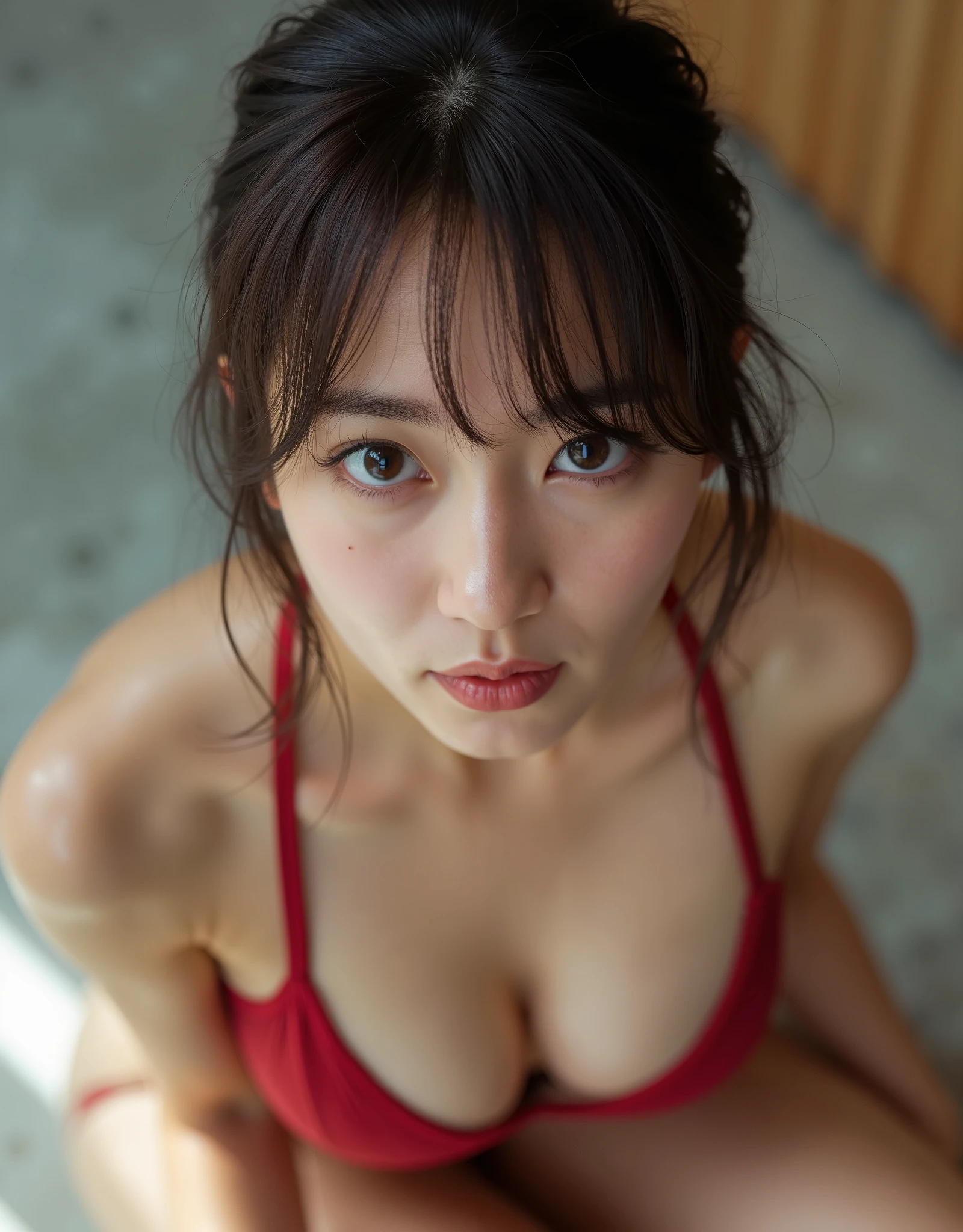 Woman&#39;s upper body photo 、(  sharp concentration ),  from above, ( kneel and look up  :1.10), (( mouth:1.6)), (  born in the year:1.8), (Ultra-detailed beautiful faces:1.10), ( super detailed beautiful slim body :1.9), 21 years old, (  super detailed beautiful Japanese beauty idol :1.7), (  troubled face:1.3), Woman in the center of the image, break,   photorealistic,  hyperrealism,  Portrait of a young and adorable Japanese woman , Japanese facial features,    young and cute skinny oriental face ,   Bust Up Shot, 可愛いの顔21 years oldアイドル,   Beautiful Japanese girl face  , Japanese facial features,   she has adorable looks   , ( in a shiny rubber spandex swimsuit :1.5), 