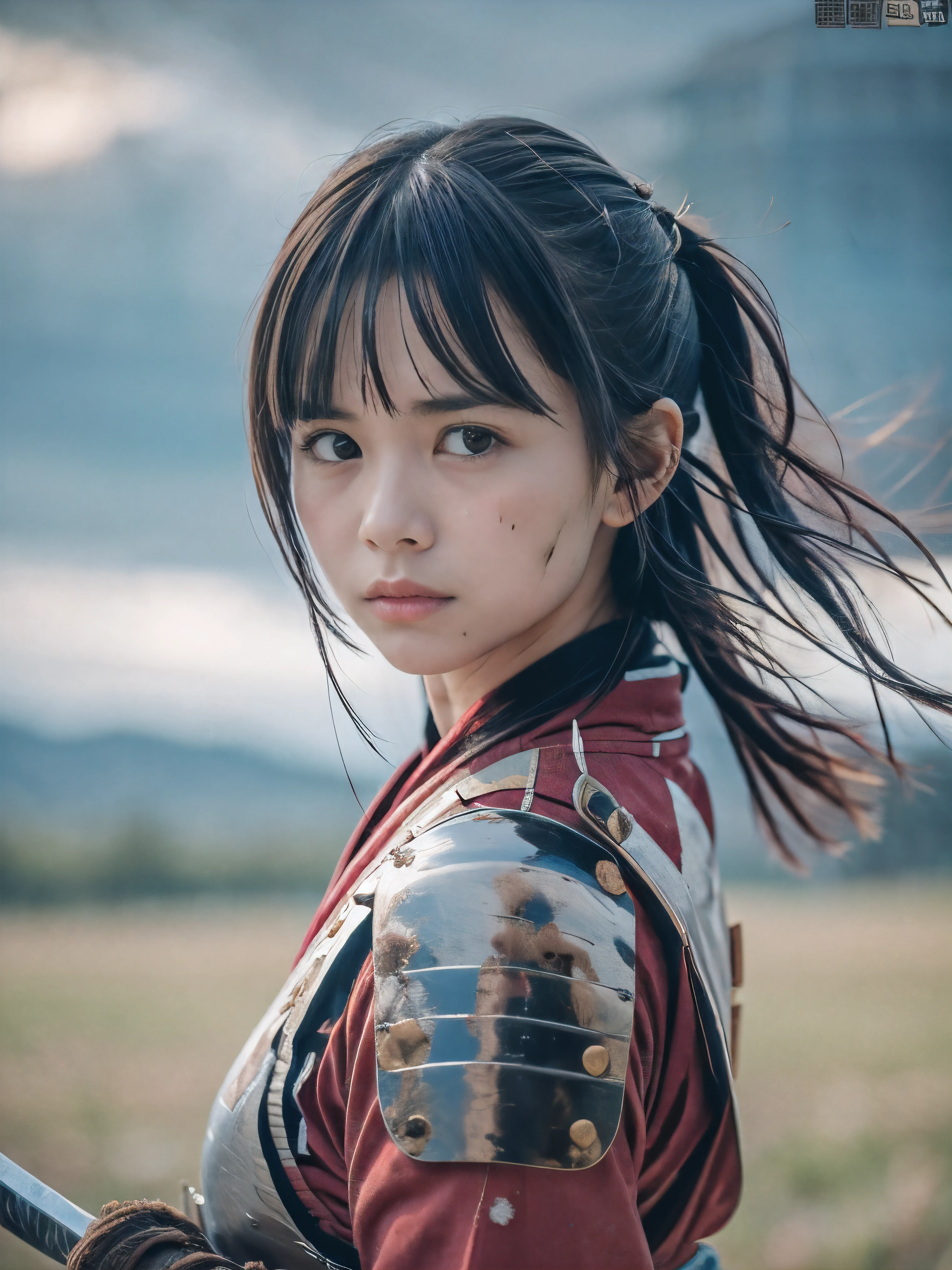 (Close up portrait of one slender small breasts two side up black medium hair with bangs girl in a black colored dirty bloody armor warrior as samurai in Japan at raining:1.5)、(One girl makes fighting pose and hold Japanese traditional white blade sword on hand under the raining sky on the grassland in old Japan with crying dirty bloody face:1.5)、(Heavy raining dark sky:1.5)、(blurred background:1.5)、(Natural light:1.5)、(8k ultra detailed master piece:1.5)、(perfect anatomy:1.5)、(Photorealistic stick:1.5)、(Raw photo:1.3)、(highest quality:1.5)、(High resolution:1.3)、(Delicate and beautiful perfect face:1.3)、(Delicate and beautiful eye air skin:1.3)、(Real Human Skin:1.3)、((thin legs))