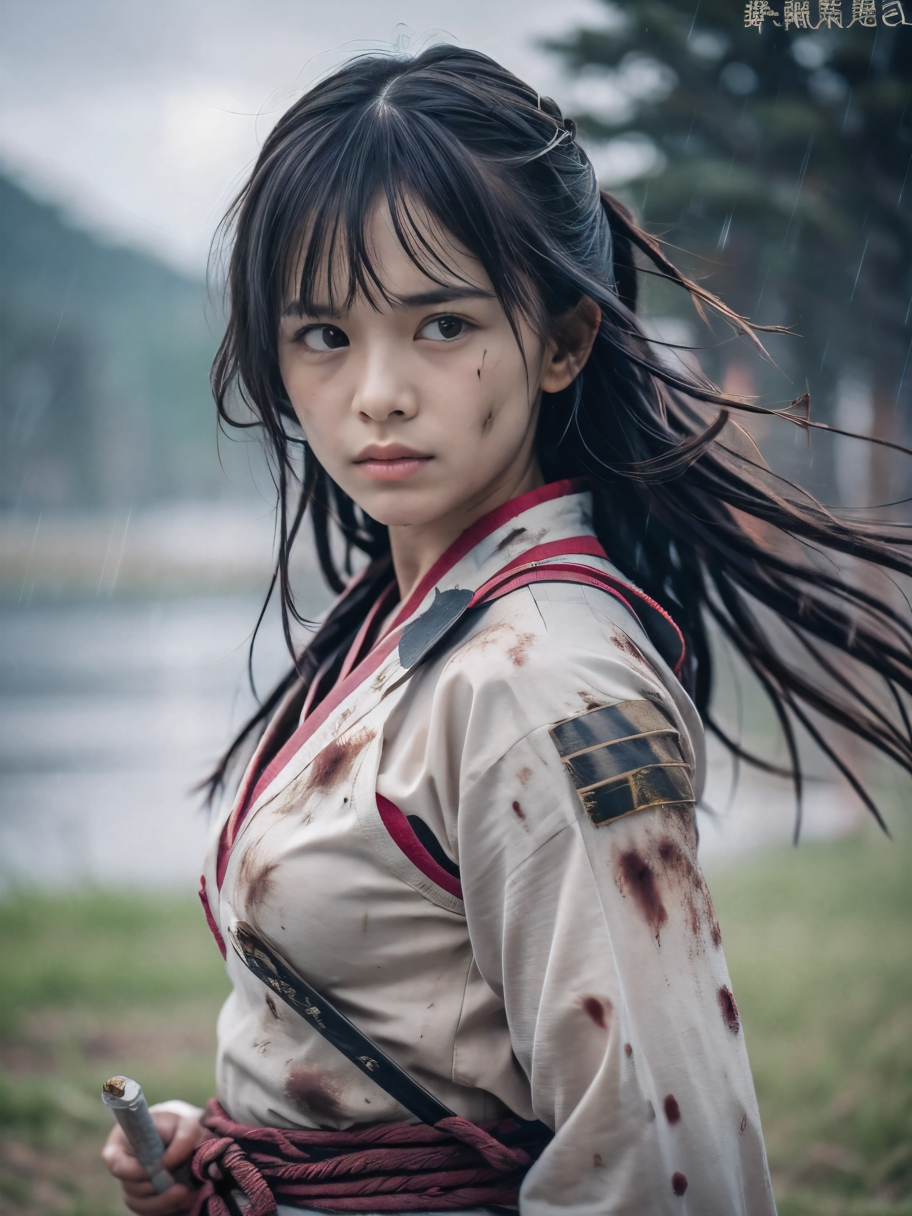 (Close up portrait of one slender small breasts two side up black medium hair with bangs girl in a black colored dirty bloody armor warrior as samurai in Japan at raining:1.5)、(One girl makes fighting pose and hold Japanese traditional white blade sword on hand under the raining sky on the grassland in old Japan with crying dirty bloody face:1.5)、(Heavy raining dark sky:1.5)、(blurred background:1.5)、(Natural light:1.5)、(8k ultra detailed master piece:1.5)、(perfect anatomy:1.5)、(Photorealistic stick:1.5)、(Raw photo:1.3)、(highest quality:1.5)、(High resolution:1.3)、(Delicate and beautiful perfect face:1.3)、(Delicate and beautiful eye air skin:1.3)、(Real Human Skin:1.3)、((thin legs))