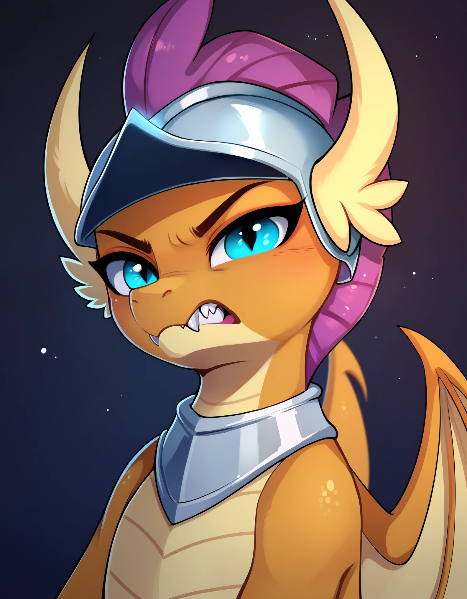 score_9, score_8_up, score_7_up, Expressiveh, magnaluna, source_furry, solo, 1girl, Kobold, furry dragon, tail, short stature, dark yellow skin color, breasts, wearing helmet, digital art, portrait, close-up head, angry face, blue glowing eyes, look at the camera, my little pony, feral pony smolder,  smolder, 