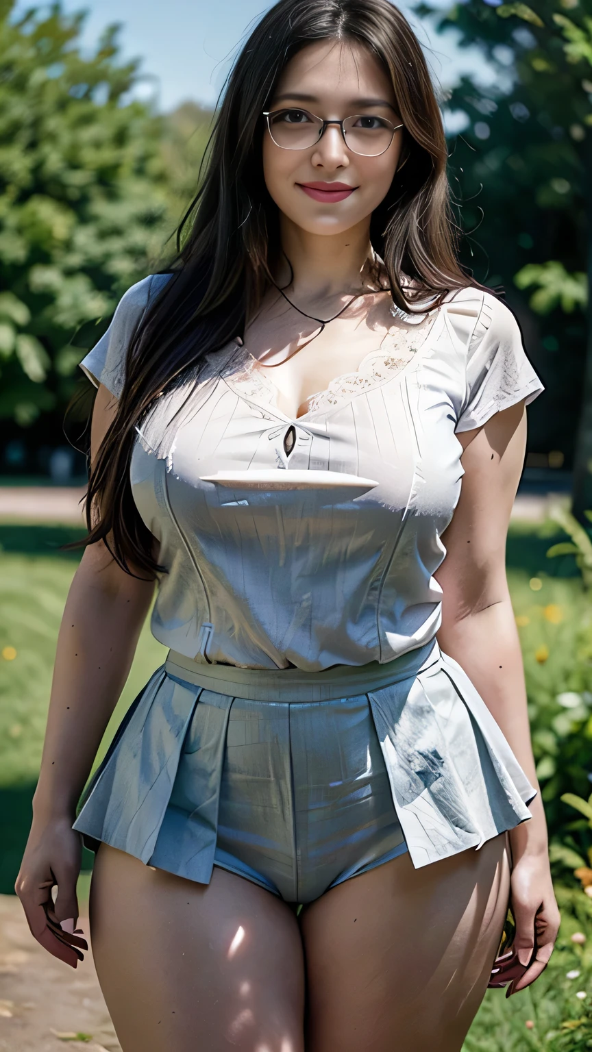 (photorealistic:1.4), (masterpiece, 8k raw photo, best quality:1.4), a woman, 25 years old, beautiful face, glasses, pudgy cheeks, (curvy thighs:1.4), white pale skin, long wavy cascading hair, black hair, short sleeve lace blouses v-neck, pleated mini skirt, diamond necklace, seductive smile, standing, closed mouth, lens flare, meadow, garden, cool tone, depth of field