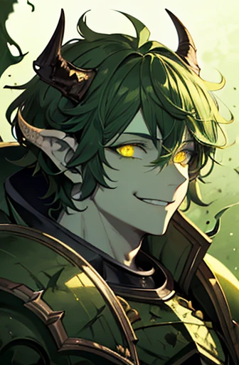 1male, high detail, masterpiece, green skin, dark green hair, nurgle, claws, bones, green glowing eyes, green fog, green and gold open armor, smile, horns, lean, perfect face, green skin, messy hair