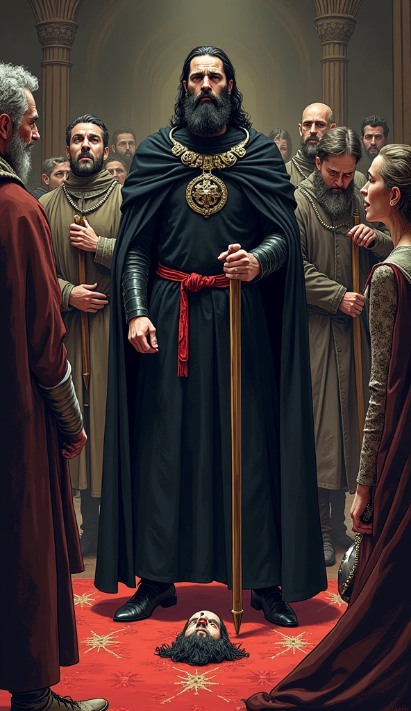 oil painting, Enlightenment monarch with crown and cape, Men in dark robes and shadowy faces