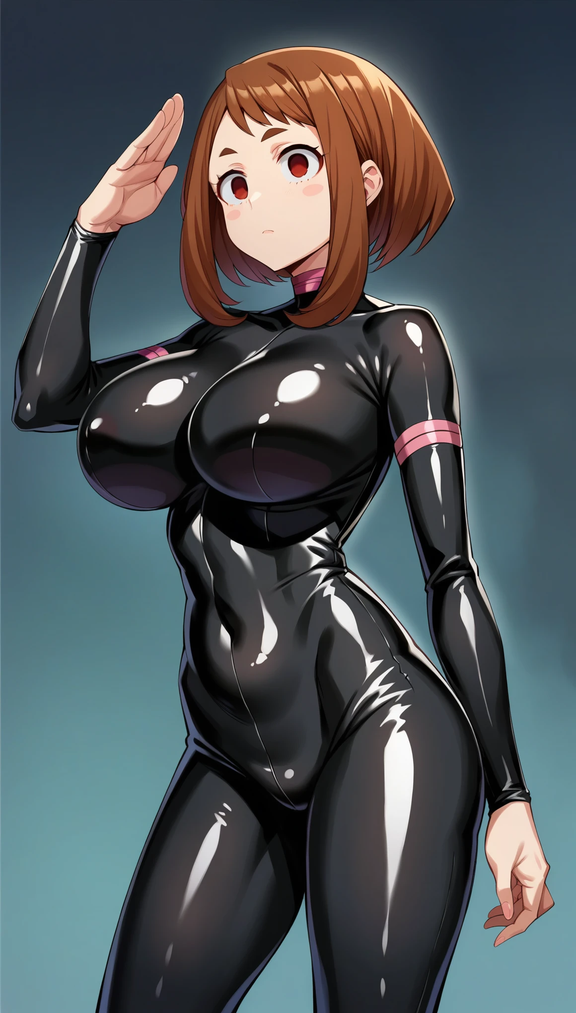  score_9,  score_8_up,  score_7_up,  score_6_up,  score_5_up,  score_4_up, BREAK Source_anime,Ochako Uraraka,  brown hair, short hair,(Red Eyes), Huge breasts,((empty eyes)),expressionless, (stand up, salute), ((Black latex rubber suit)),  black background ,  simple background,