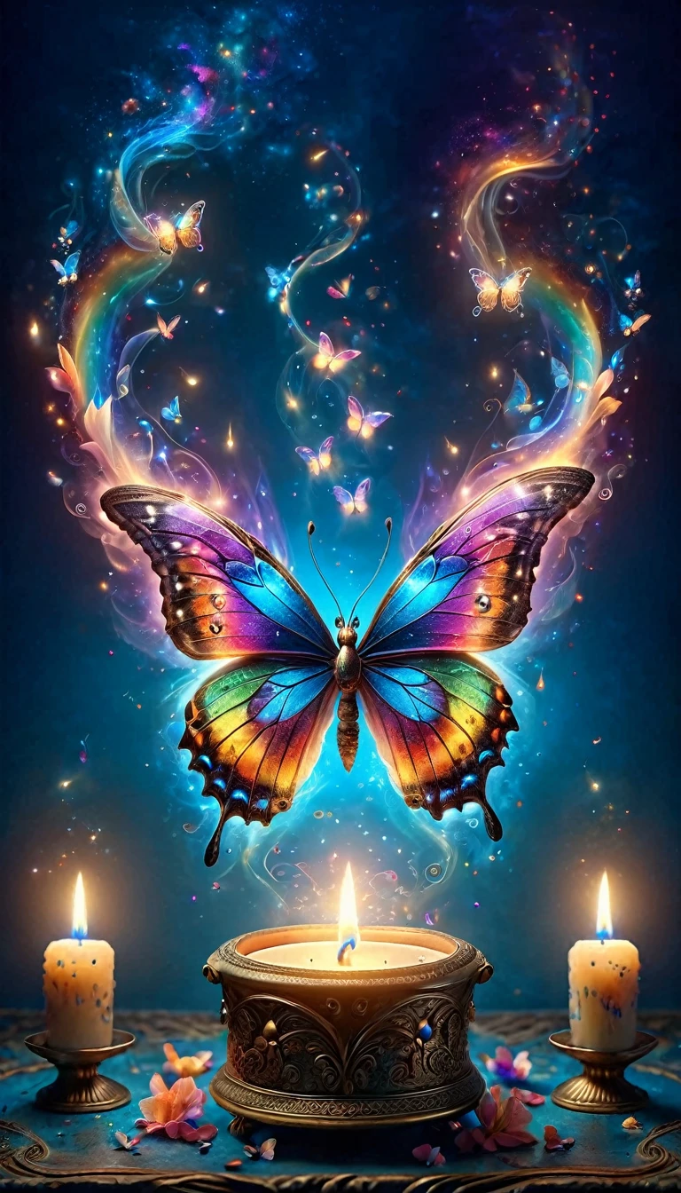 Made by AIS-RCN, 8K Photo, "words, Like a butterfly with rainbow-colored flaming wings ,  pops out in front of an antique candle,  turn thoughts into delicate works of art.", Supple,  Side Light, Stunning fluorescent blue background 