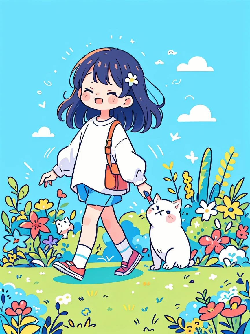 (Flattening， UI vector style ), ( 1 girl，绿色garden中素描:1.5)，Rosy Cheeks，Bright smile， casual，Comfortable clothes，garden，On the grass，Blue Sky，The dark green ，Flowers Bloom,  bright color，Convivial atmosphere，(Simple illustration)，(Smooth lines:1.2), ( Minimalism ), White background，( graphic design aesthetics )，( flat illustration anatomically accurate)