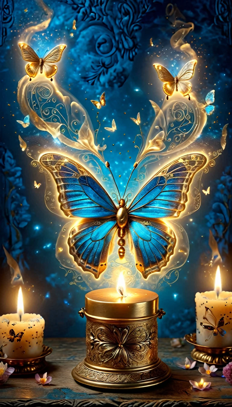 Made by AIS-RCN, 8K Photo, "words, like a butterfly with golden flaming wings,  pops out in front of an antique candle,  turn thoughts into delicate works of art.", Supple,  Side Light, Stunning fluorescent blue background 