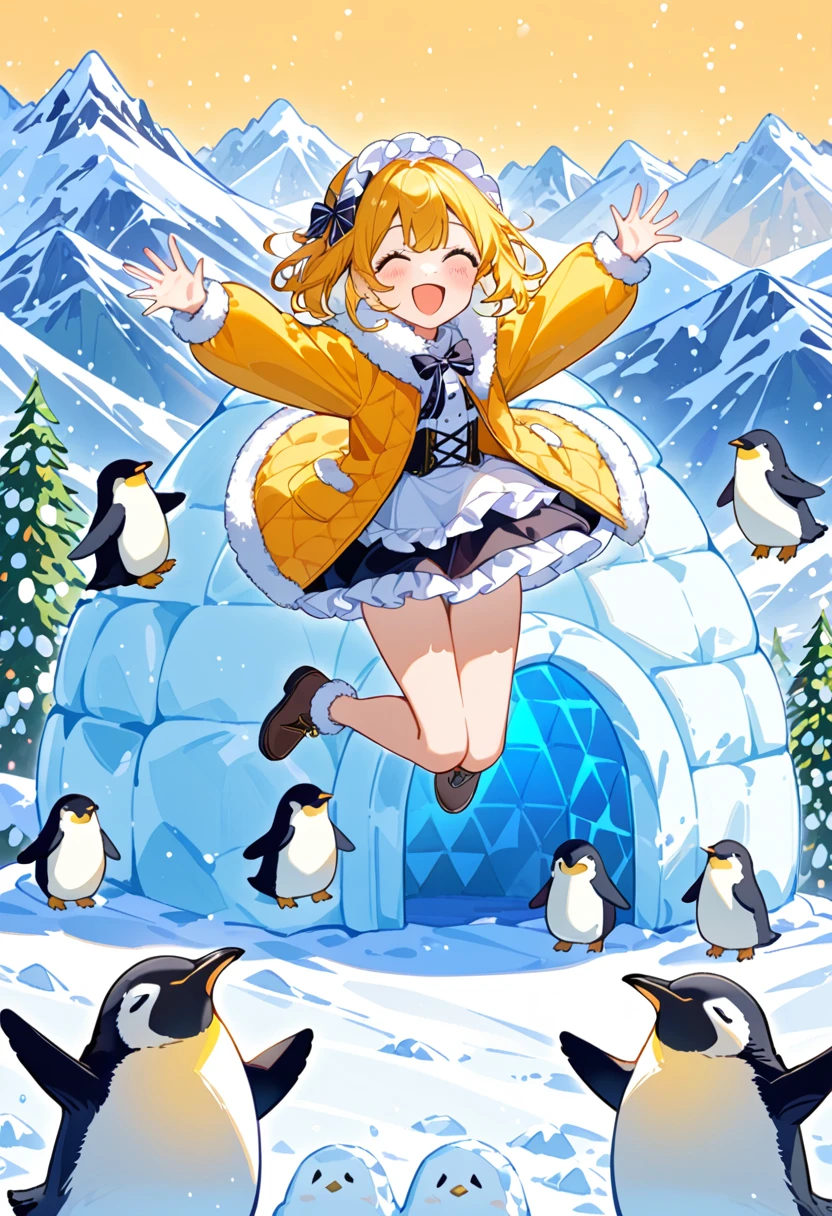 a cute ****ta girl jumping ,igloo, with many fluffy penguin , open mouth, brigh color, xeal, animal, small girl, happy, mountain ice on the background, frosted, furr trimmed jacket, yellow color,furr,(frosted glass screen overlay:0.5),frosted glass