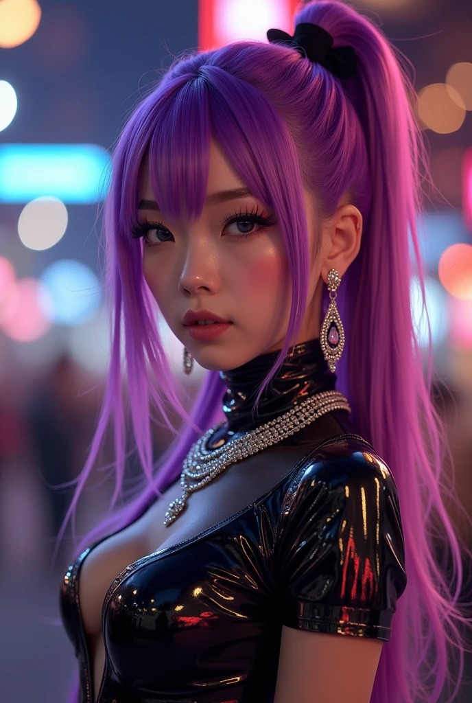 sfw, Cute One Girl, (Very small breasts:1.2), Longhaire, Gradient Hair Purple, the whole, japanes, Sauvage Hair, An ultra-high picture quality, ultra-quality,Raking up your hair with your , Happy smile, Beautiful night view, (Black red rose pattern dress), Live-action adaptation, in 8K, wearing bra,((skinny waist)), young asian girl, ((big breasted)),