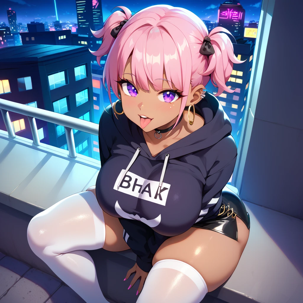 Nsfw, 1 female, ((Very dark skin)), pink short hair, pig tails, skimpy outfit, black mini skirt, black hoodie, perfect face, massive breasts, perfect purple eyes, round face, ear piercings, hoop earrings, tongue out, mouth wide open, puckered lips, city rooftop, night time, neon lights, perfect large breasts, white thigh highs, really colourful background, extremely thick thighs, extremely phat ass, phattest ass in the world, sitting pose, front view, shiney skin, leaning forward, sultry face, high angle, hands between legs