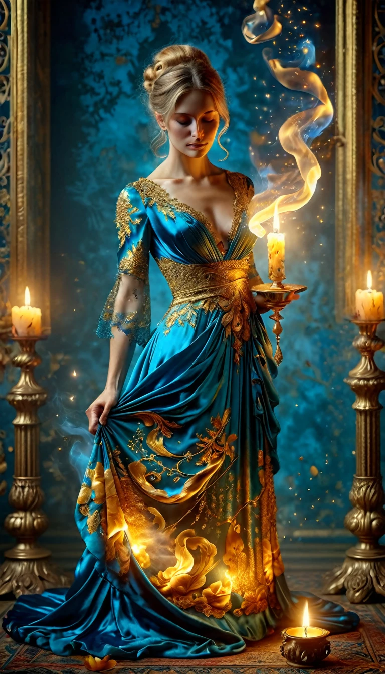 Made by AIS-RCN, 8K Photo, "words, Like Zoro in a dress wrapped in a golden flame,  pops out in front of an antique candle,  turn thoughts into delicate works of art.", Supple,  Side Light, Stunning fluorescent blue background 