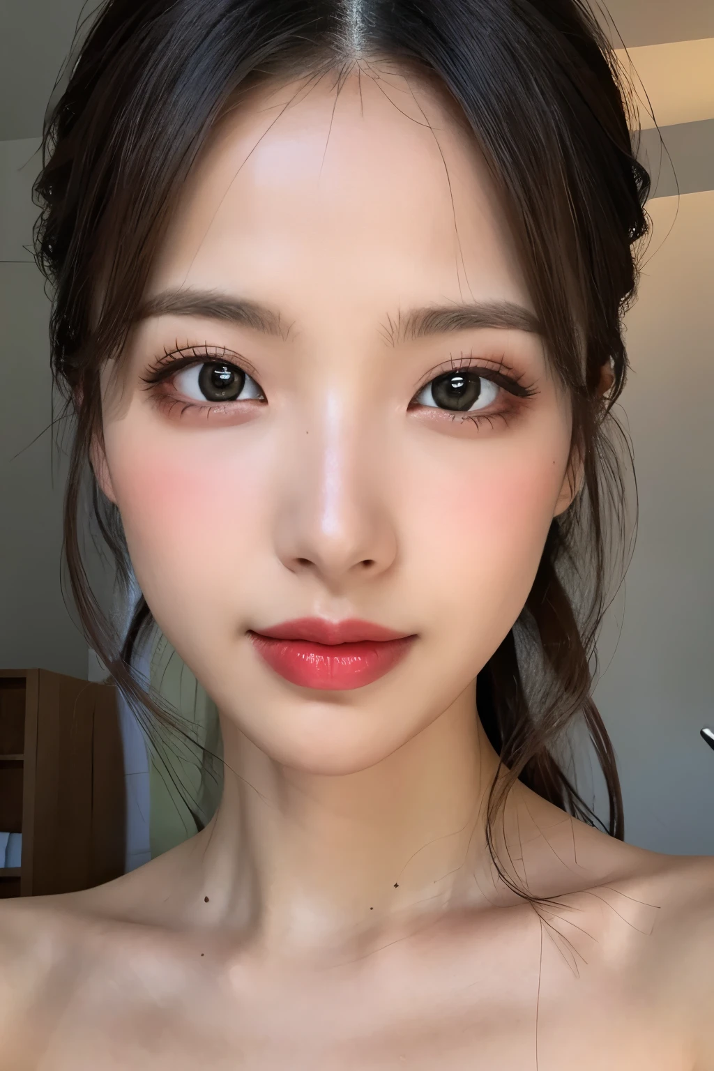 (Highest quality, Tabletop, 8k, Best image quality, Award-winning works), great beauty, (nude:1.5), (The simplest pure black background:1.5), (Face close-up:1.6), Accentuate your body lines, Beautiful and exquisite, seductive Expression, (look straight at me), (stand upright facing forward:1.1), (Perfect Makeup:1.1), (Bright lipstick:1.1), Ultra-high definition beauty face, Ultra HD Hair, Ultra HD Shining Eyes, Ultra-high quality, vibrant and glossy lip color, Accurate anatomy, Very beautiful skin, Ultra high resolution and beautiful, Glowing Skin, An elegant upright posture when viewed from the front, Sweaty skin, Hot face, Damp Hair, Moist Skin
