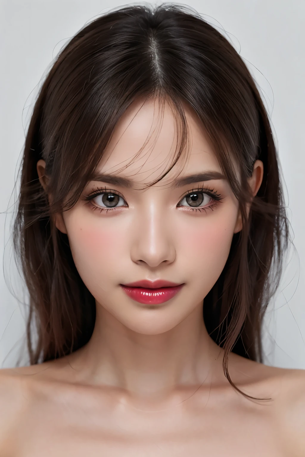 (Highest quality, Tabletop, 8k, Best image quality, Award-winning works), great beauty, (nude:1.5), (The simplest pure black background:1.5), (Face close-up:1.6), Accentuate your body lines, Beautiful and exquisite, seductive Expression, (look straight at me), (stand upright facing forward:1.1), (Perfect Makeup:1.1), (Bright lipstick:1.1), Ultra-high definition beauty face, Ultra HD Hair, Ultra HD Shining Eyes, Ultra-high quality, vibrant and glossy lip color, Accurate anatomy, Very beautiful skin, Ultra high resolution and beautiful, Glowing Skin, An elegant upright posture when viewed from the front, Sweaty skin, Hot face, Damp Hair, Moist Skin
