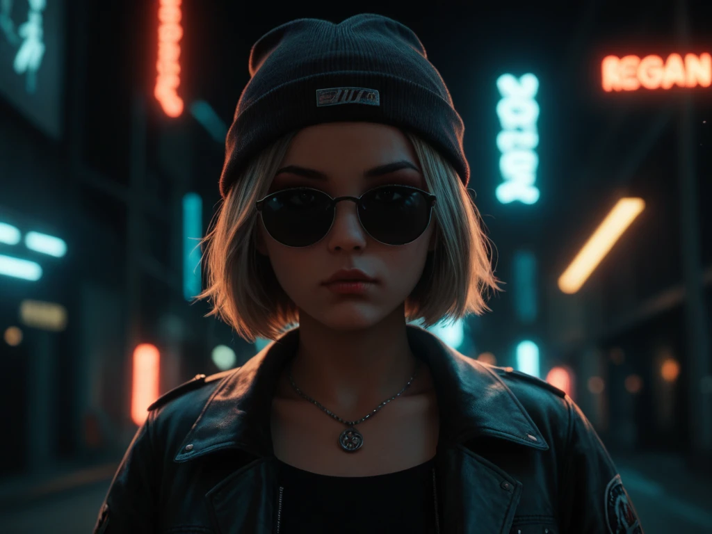 Enlarged face ,  alternative girl ,  looking through black sunglasses, jacket, necklace,  reflections of neon light on the skin, Sergeant, makeup,  skin imperfections ,  short hair, beanie hat, Neon lights background, weak light,  depth of field ,  high detail ,  high contrast, film grain, edge lighting, long exposure ,  digital SLR camera