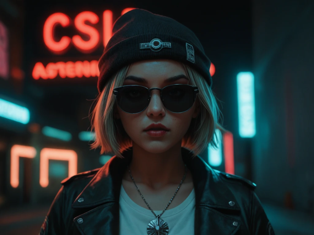 Enlarged face ,  alternative girl ,  looking through black sunglasses, jacket, necklace,  reflections of neon light on the skin, Sergeant, makeup,  skin imperfections ,  short hair, beanie hat, Neon lights background, weak light,  depth of field ,  high detail ,  high contrast, film grain, edge lighting, long exposure ,  digital SLR camera