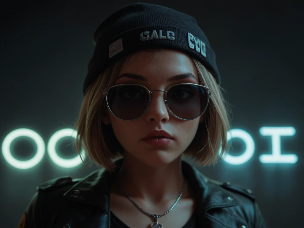 Enlarged face ,  alternative girl ,  looking through black sunglasses, jacket, necklace,  reflections of neon light on the skin, Sergeant, makeup,  skin imperfections ,  short hair, beanie hat, Neon lights background, weak light,  depth of field ,  high detail ,  high contrast, film grain, edge lighting, long exposure ,  digital SLR camera