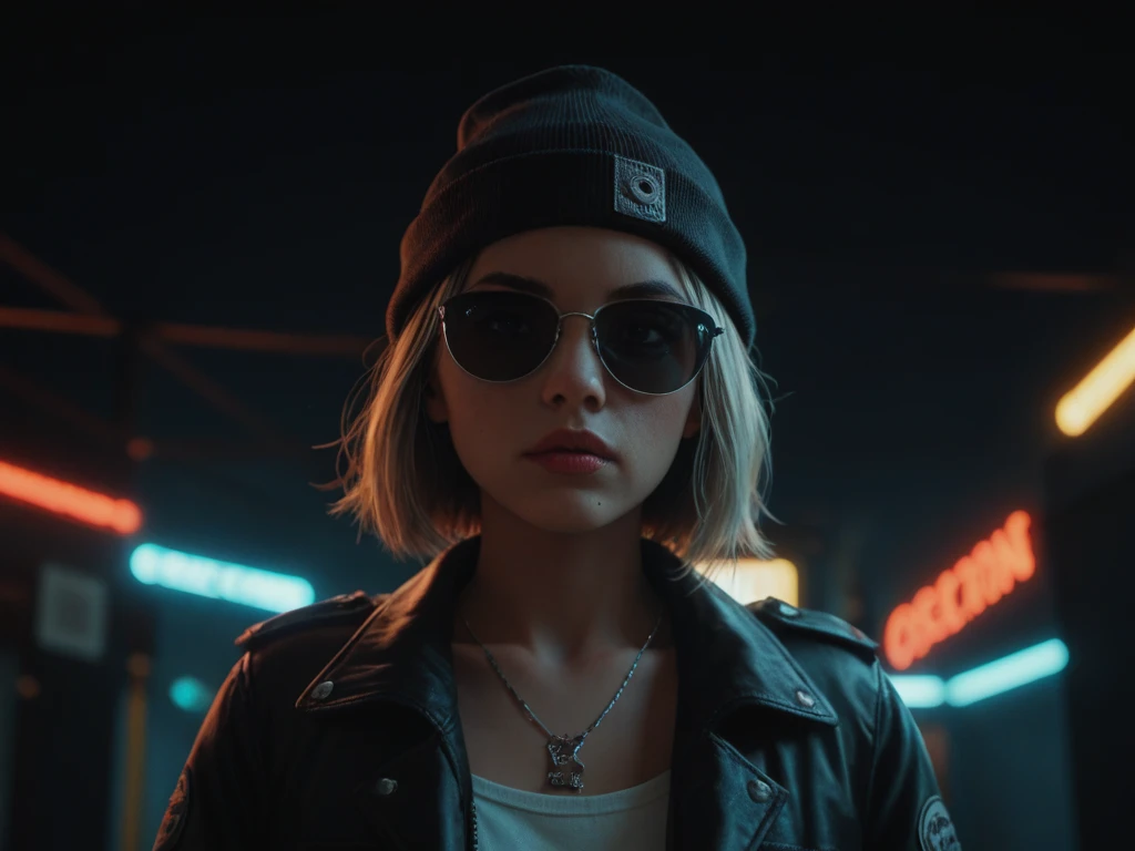 Enlarged face ,  alternative girl ,  looking through black sunglasses, jacket, necklace,  reflections of neon light on the skin, Sergeant, makeup,  skin imperfections ,  short hair, beanie hat, Neon lights background, weak light,  depth of field ,  high detail ,  high contrast, film grain, edge lighting, long exposure ,  digital SLR camera