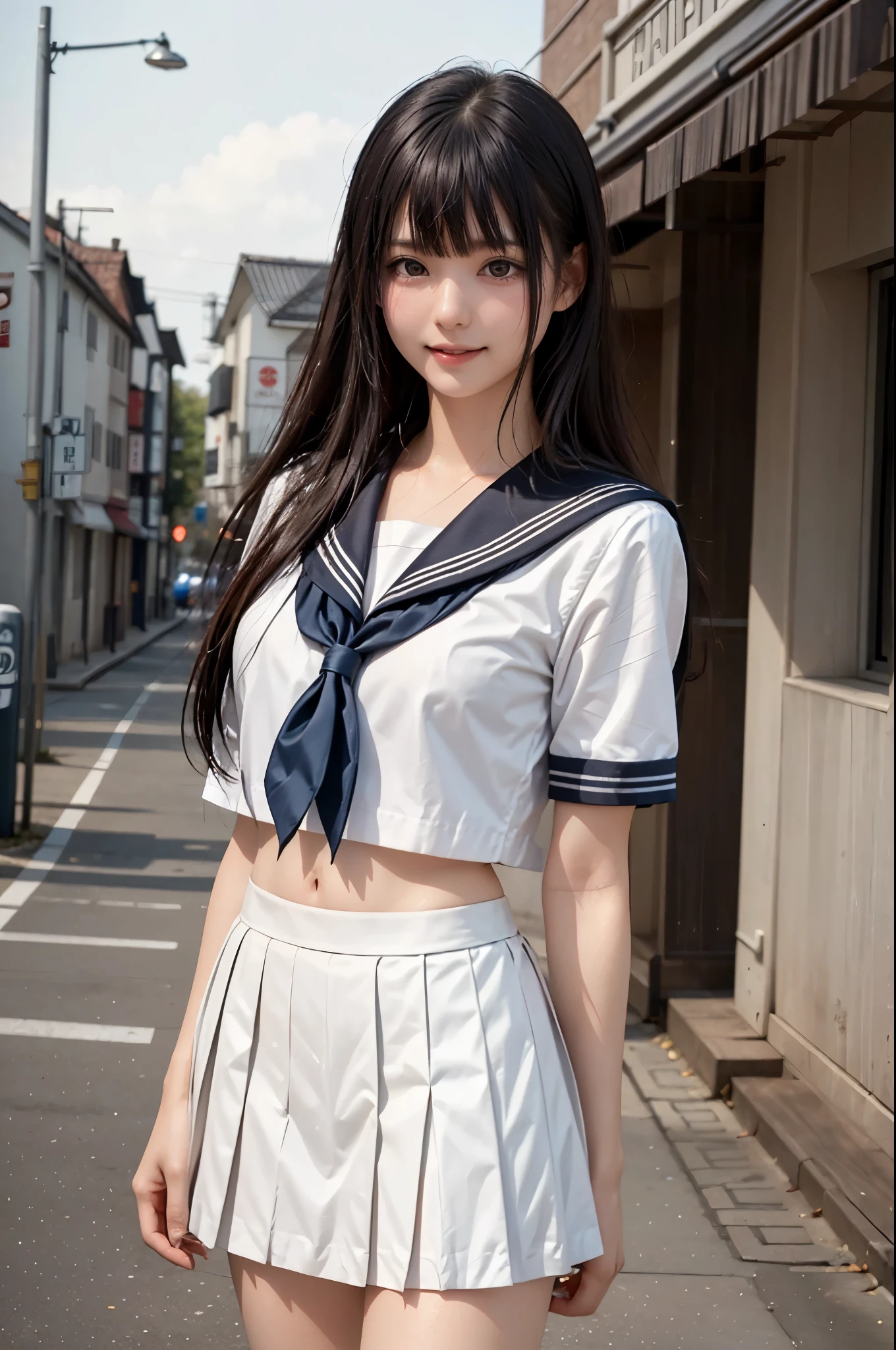 (Realistic:1.4), (super Realistic:1.4), (Realistic:1.3), (Sleek lighting:1.1), (Cinema Lighting Improvements:0.9), 32K, 1 cute Japanese girl, 20 years old, (((solo))), Realistic Lighting, Backlight, Face Light, Ray Tracing, (Whitening Light:1.2), (Image Enhancement:1.4), (Top quality real skin:1.4), Beautiful Eyes, Beautiful Face, (((slender body))), (half open mouth), Beautiful detailed Eyes, (Improve the look of your body line:1.1), (Improves the beauty of skin texture:1.1), (((sailor uniform:1.3))), ((round large tits)), ((bangs)), ((eye shadows)), (((smile))), ((whole body shot:1.3)), ((sexy standing pose:1.2)), Tokyo street, night,