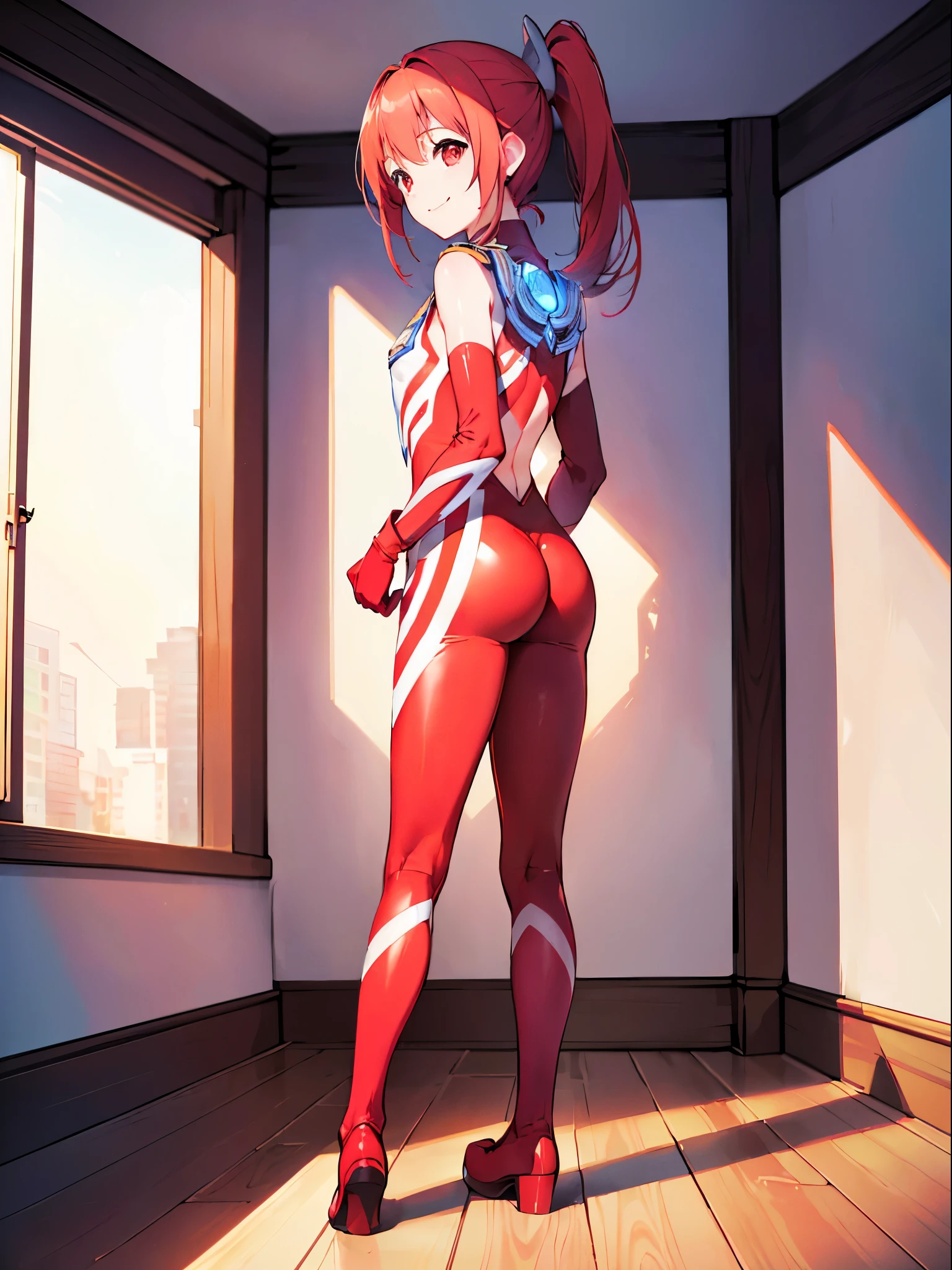 Realistic,highest quality, Ultra Detail, High-quality CG rendering, The most delicate and beautiful, Floating softly, High resolution, (1 girl), (Highest quality,4K,8K,masterpiece:1.2),(All red hair:1.5), (Short ponytail:1.5),(Red eyes:1.5), (Ultra Girl:1.0), (Red Ultraman bodysuit:1.4),(Slightly larger breasts:1.5),(Clenched Fist:1.2),(Turn your back to your audience:1.3),Ass(Red gloves:1.3),(Red Shoes:1.3) ,(whole body:1.3)