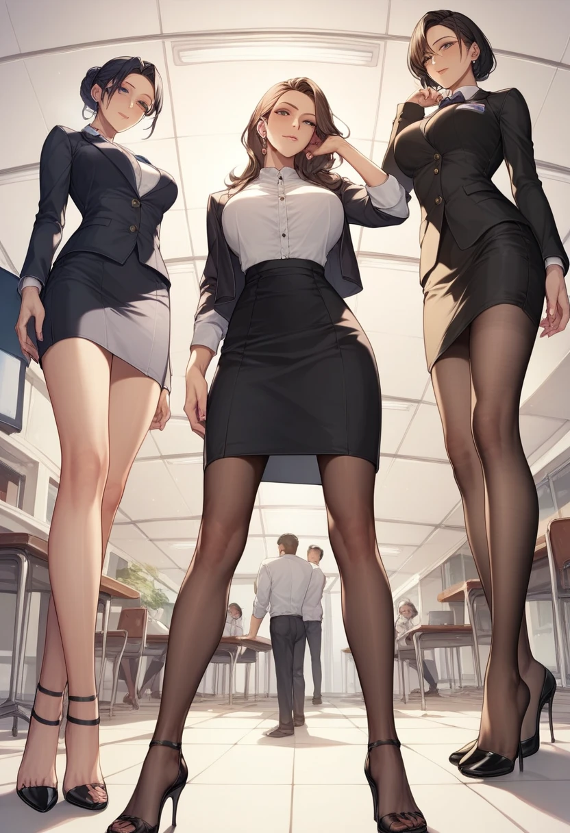 ((Best Quality)), ((masterpiece)), (be familiar with)  perfect face　 facing down 、Manga style illustration、Office Style、 business suits 、 black jacket 、White open shirt、Black knee-length pencil skirt、 black pantyhose、black high heel pumps、Looking Down、A group of beautiful mature women 、 are standing watching me lying on the floor from above。Point her shoes at the viewer ,  high heel close-up 、 viewers looking up at this woman from below 、Feet in high heels