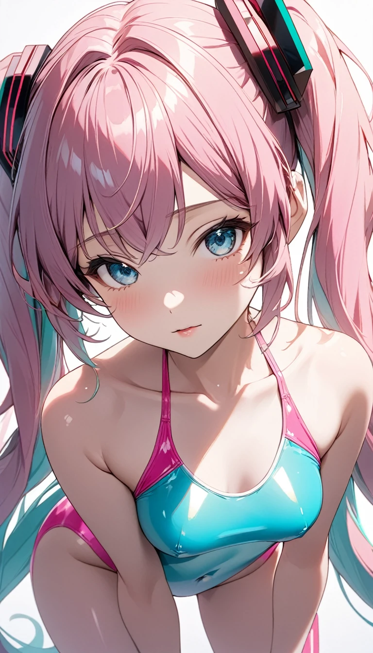 swim ring:2(((Maste Piece))),((Ultra-detailded,Best Quality, Hi-Def, 8K Wallpaper, beautiful Clothes,)),ful body,Fulll body Shot (1 Girl)((Pink hair, Long hair,Straight hair,two side up)) (Green eyes),eyeshadows, eyelines,gloweyes, super detailed eyes, intricate eyes, Beautiful eyes, ((Glowing pink pupils))18-year-old girl.Smile.bikini of