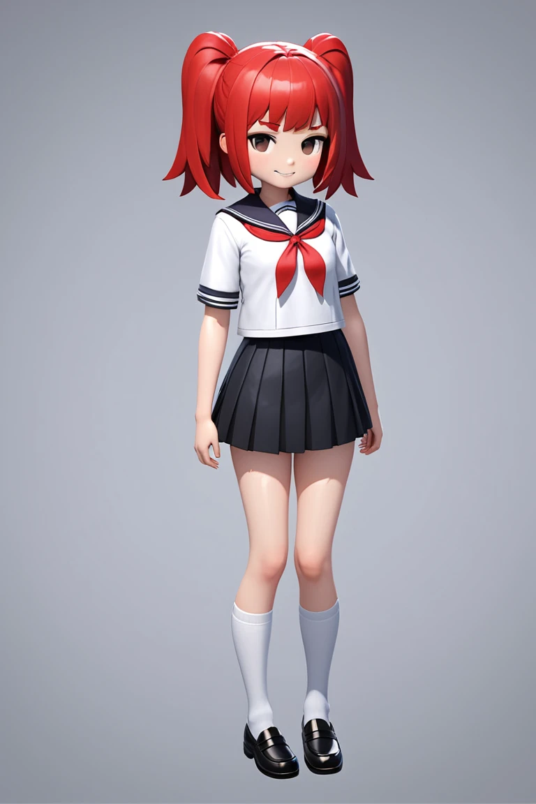 zzzellen, 2.5D, white sailor uniform, serafuku:1.31, red ribbon, white knee-high socks, black pleated microskirt, black loafers, jitome:1.34, shiny skin, smirk smile, thighhighs,looking at viewer